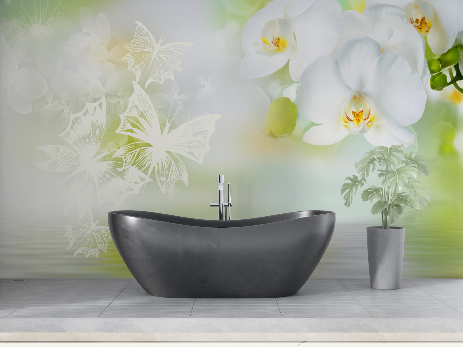 Fototapeten Schnee -White -Orchideen, die im Wasser reflektiert werden