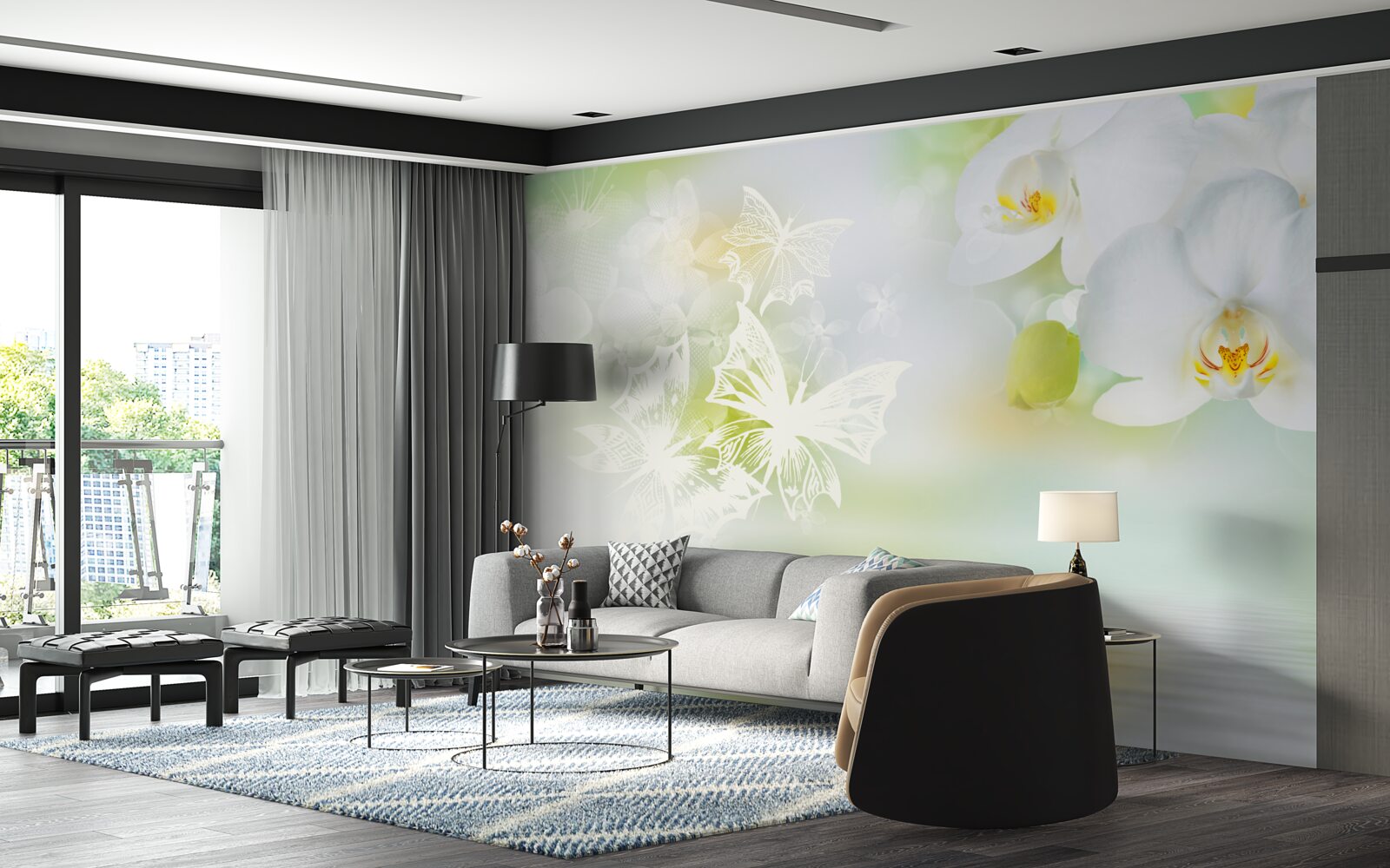 Fototapeten Schnee -White -Orchideen, die im Wasser reflektiert werden