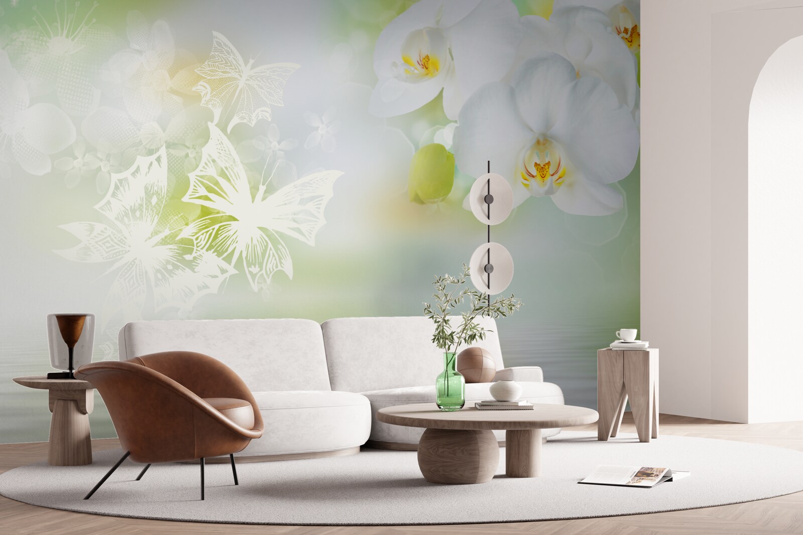 Fototapeten Schnee -White -Orchideen, die im Wasser reflektiert werden