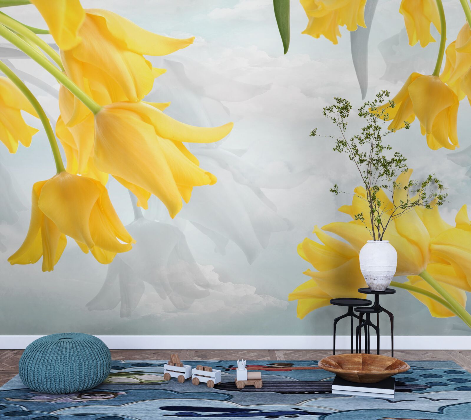 Fototapeten Gelbe Tulpen vor dem Hintergrund des blauen Himmels