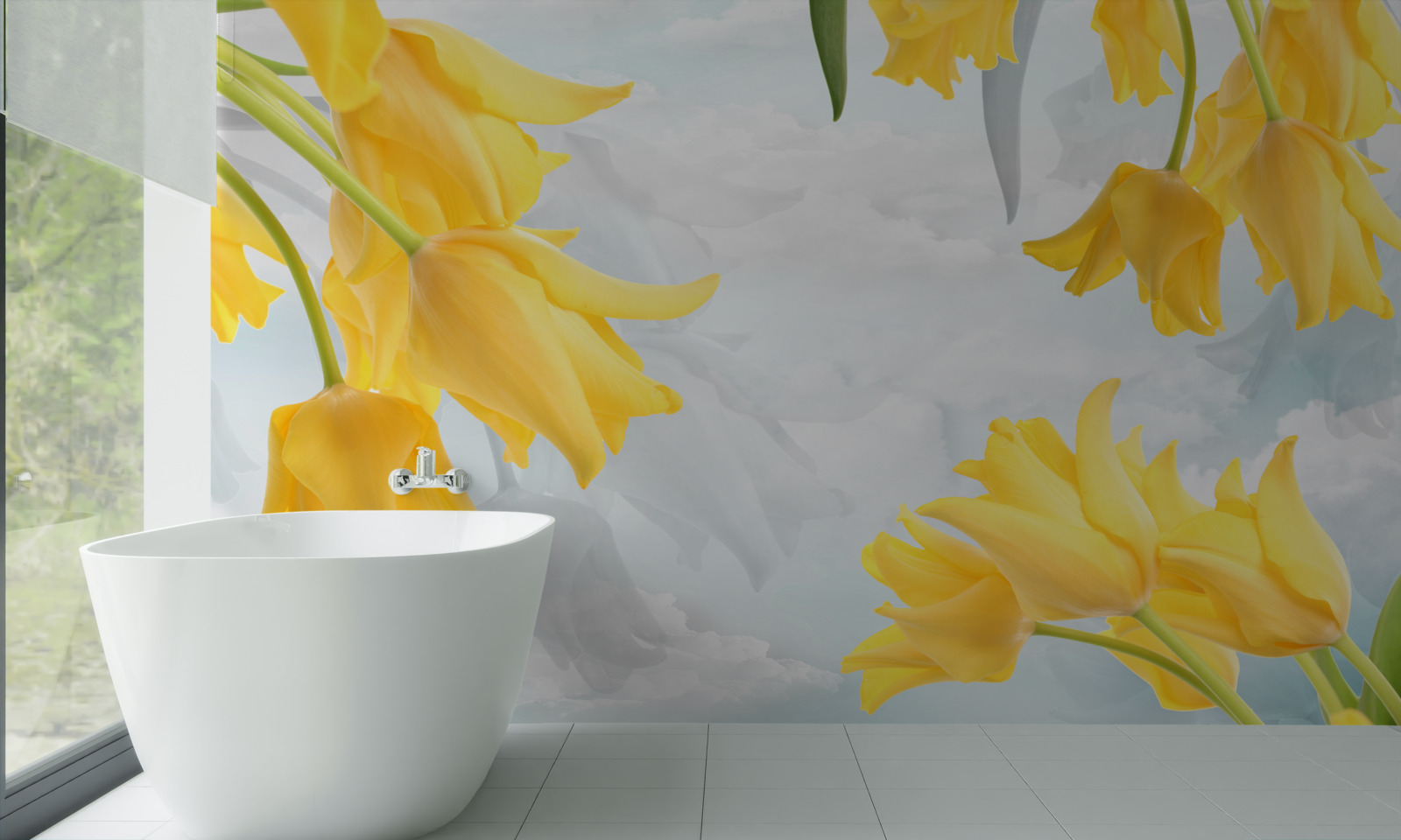 Fototapeten Gelbe Tulpen vor dem Hintergrund des blauen Himmels