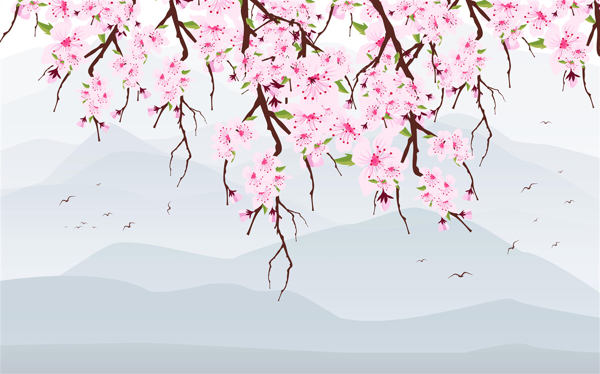 Fototapeten Sakura blüht vor der Landschaft von Bergen und Wasser