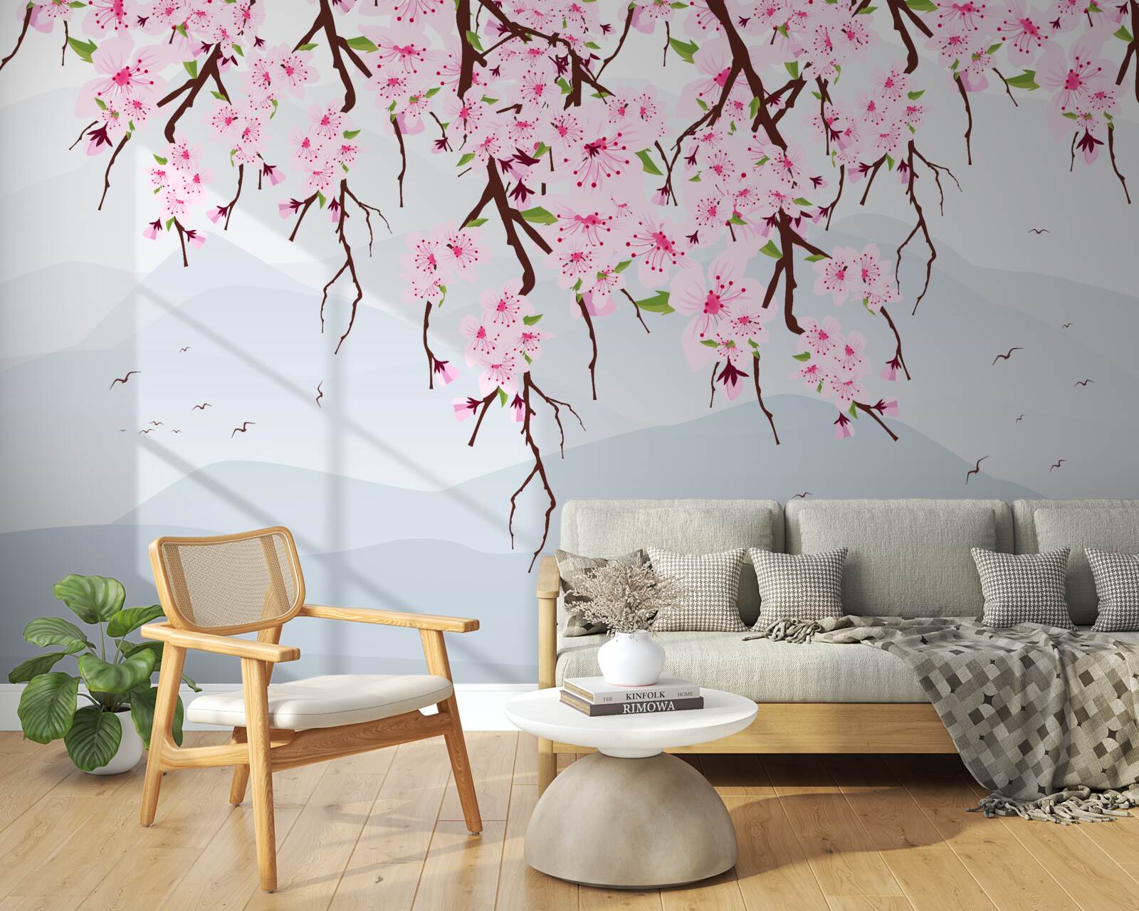Fototapeten Sakura blüht vor der Landschaft von Bergen und Wasser