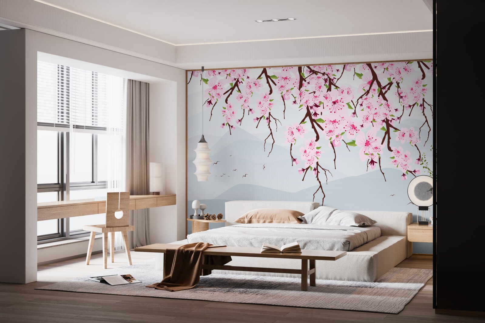 Fototapeten Sakura blüht vor der Landschaft von Bergen und Wasser
