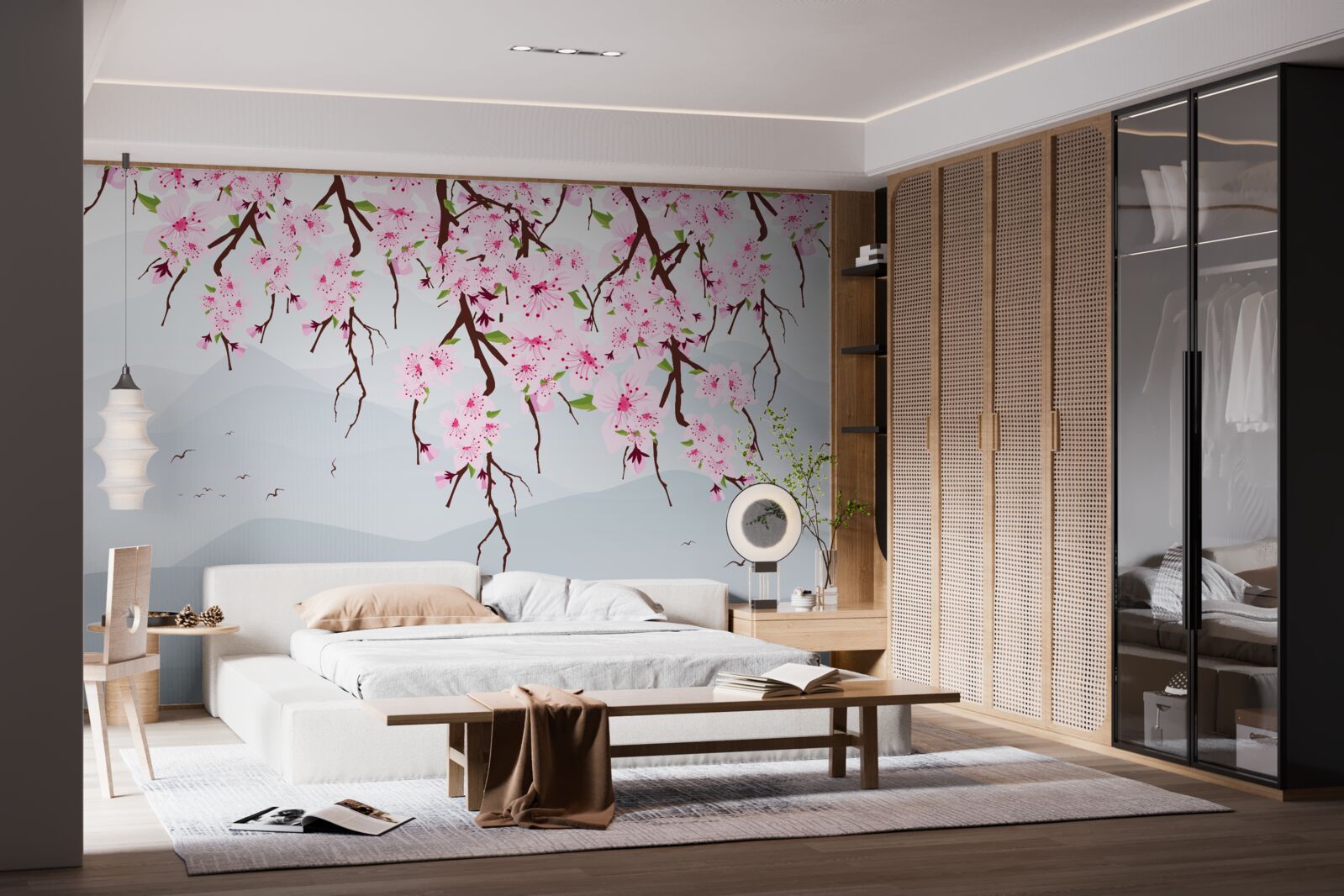 Fototapeten Sakura blüht vor der Landschaft von Bergen und Wasser