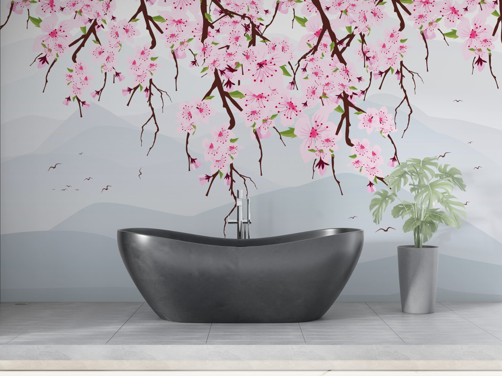 Fototapeten Sakura blüht vor der Landschaft von Bergen und Wasser