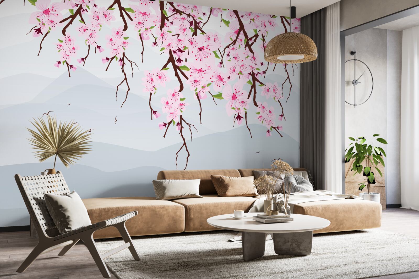Fototapeten Sakura blüht vor der Landschaft von Bergen und Wasser