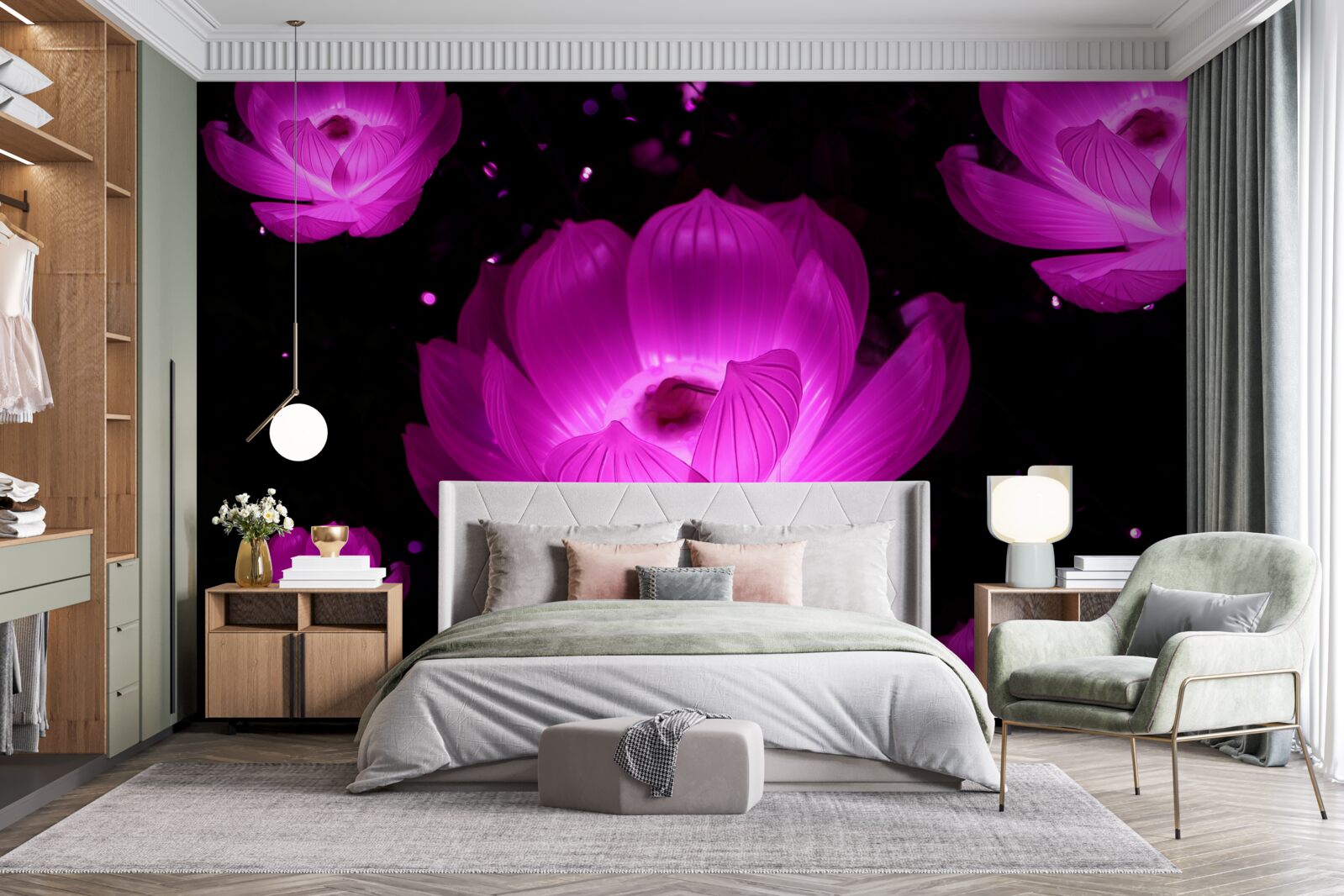 Fototapeten lila Blüten im Licht von Neon
