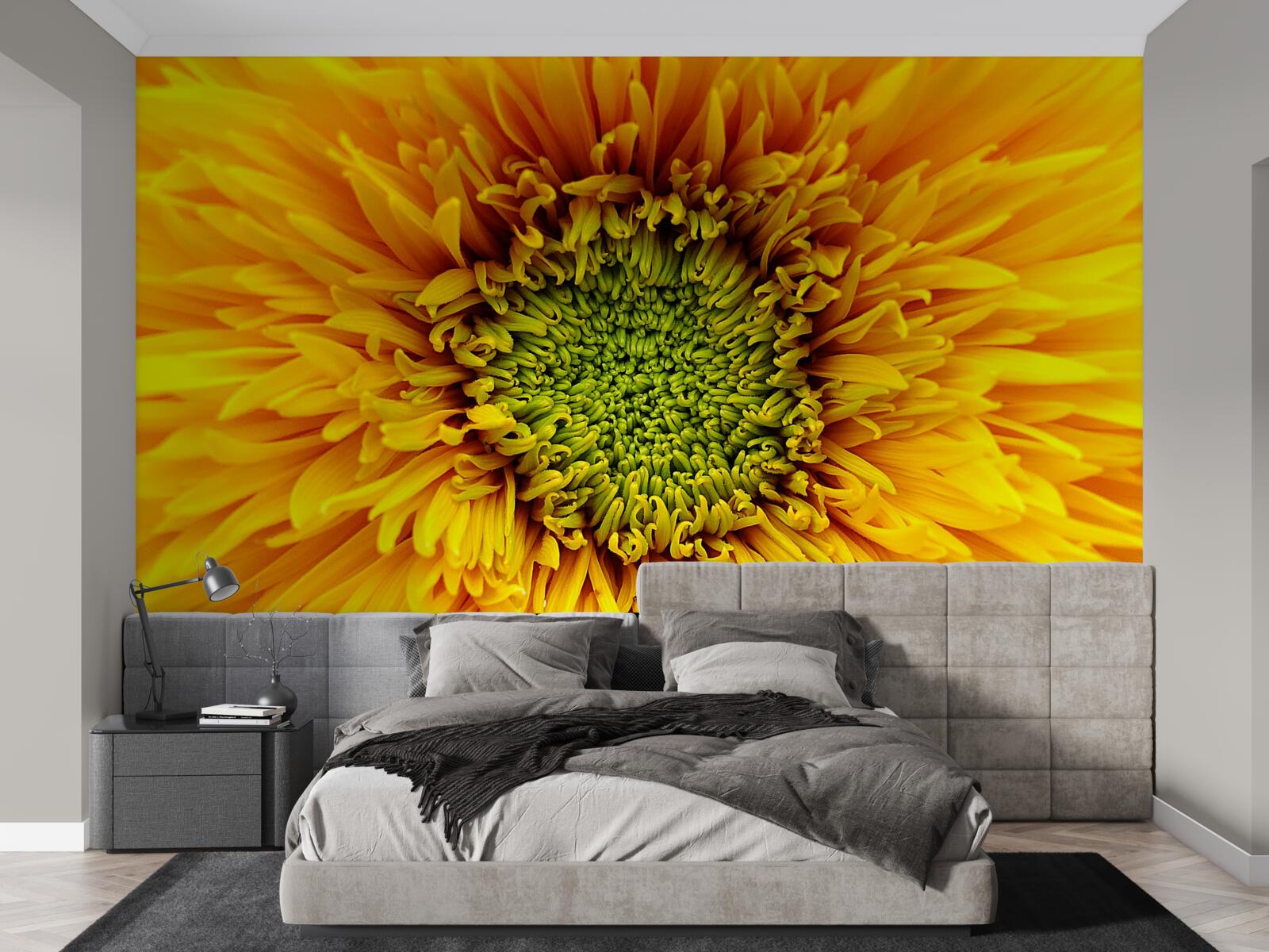 Fototapeten Eine Blume mit einem grünen Zentrum, in einer hellgelben Farbe gestrichen