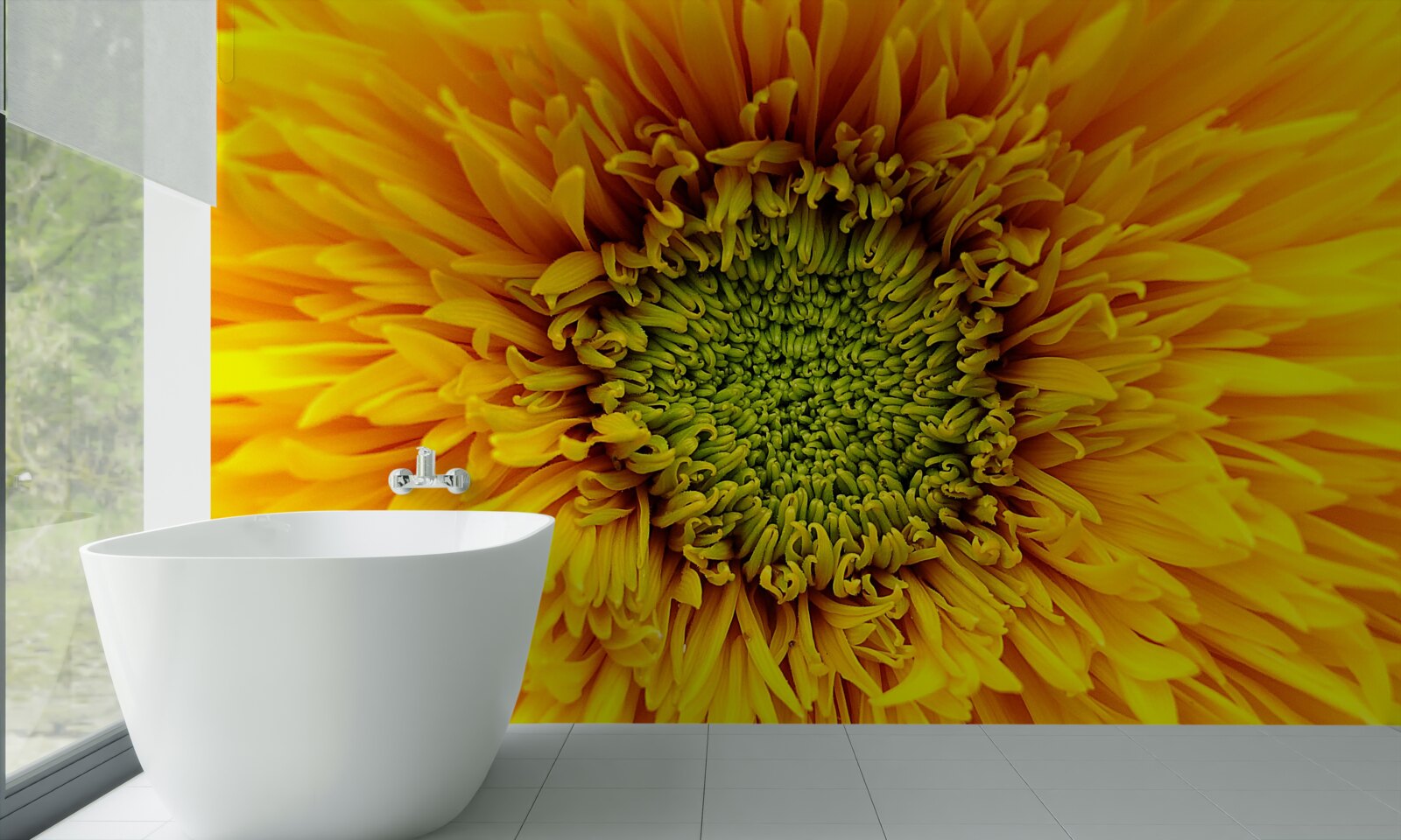 Fototapeten Eine Blume mit einem grünen Zentrum, in einer hellgelben Farbe gestrichen