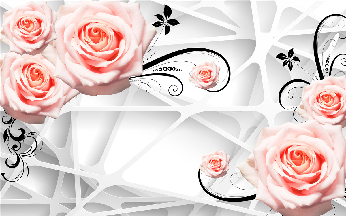 Fototapeten Geometrischer Hintergrund mit Pfirsichzweigen von Rosen dekoriert