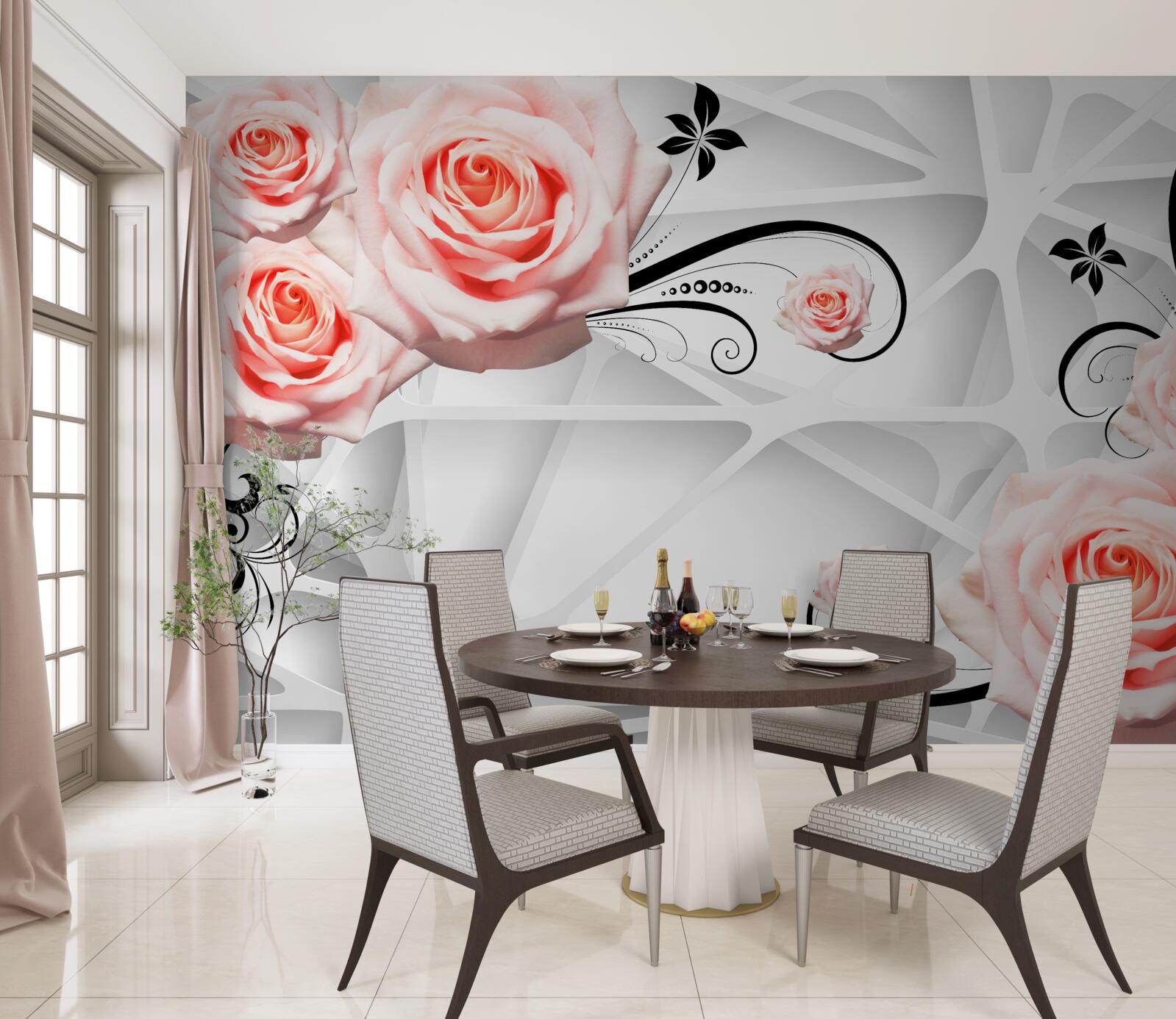 Fototapeten Geometrischer Hintergrund mit Pfirsichzweigen von Rosen dekoriert