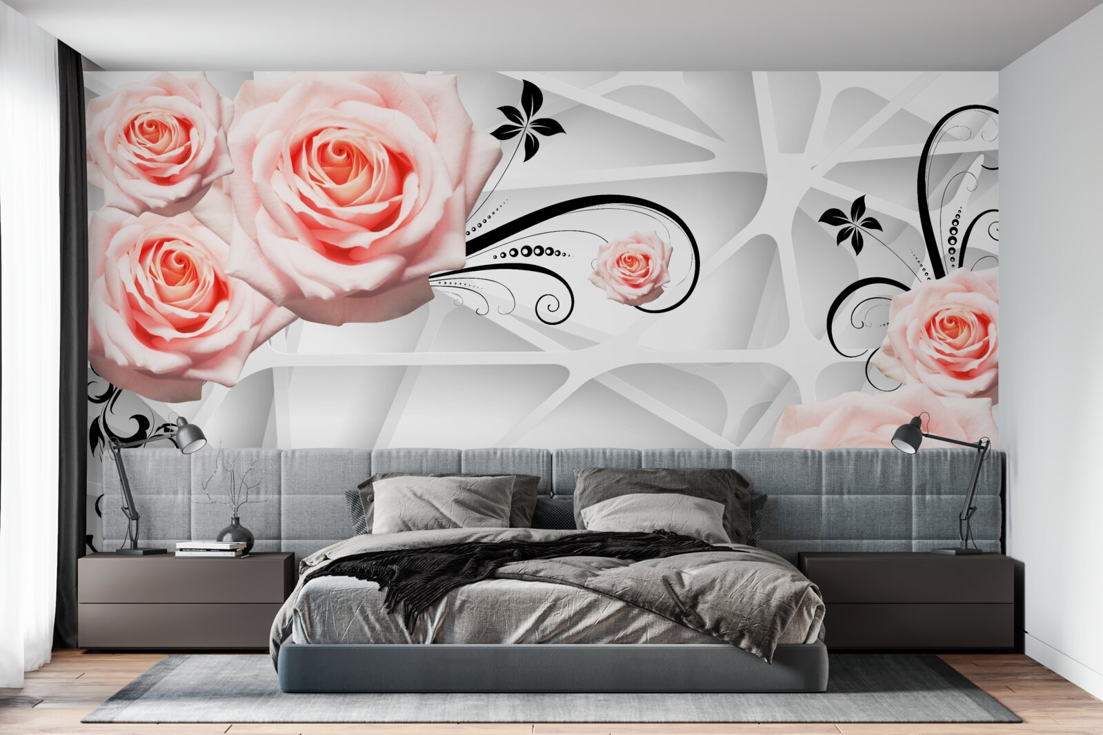 Fototapeten Geometrischer Hintergrund mit Pfirsichzweigen von Rosen dekoriert