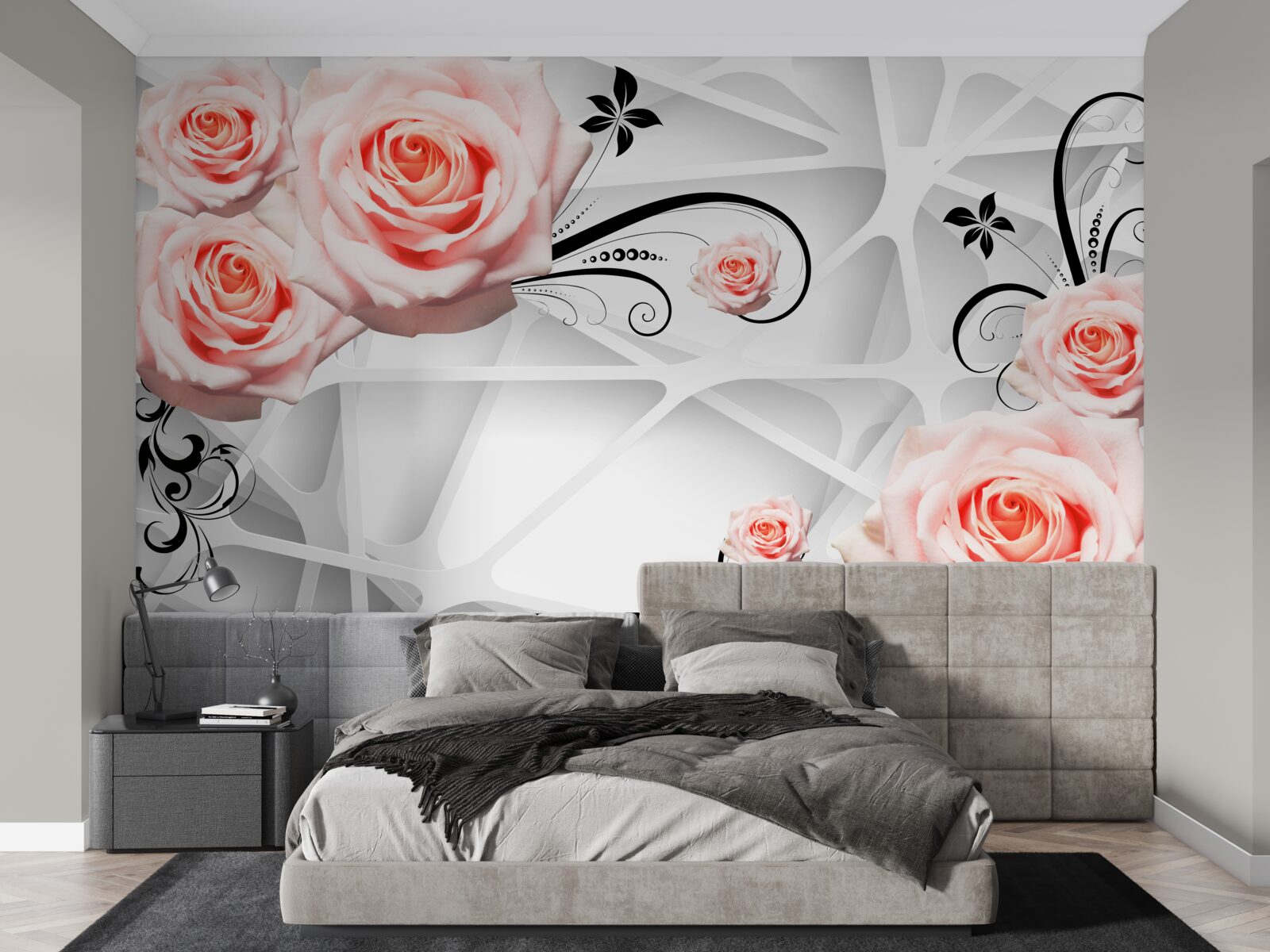 Fototapeten Geometrischer Hintergrund mit Pfirsichzweigen von Rosen dekoriert