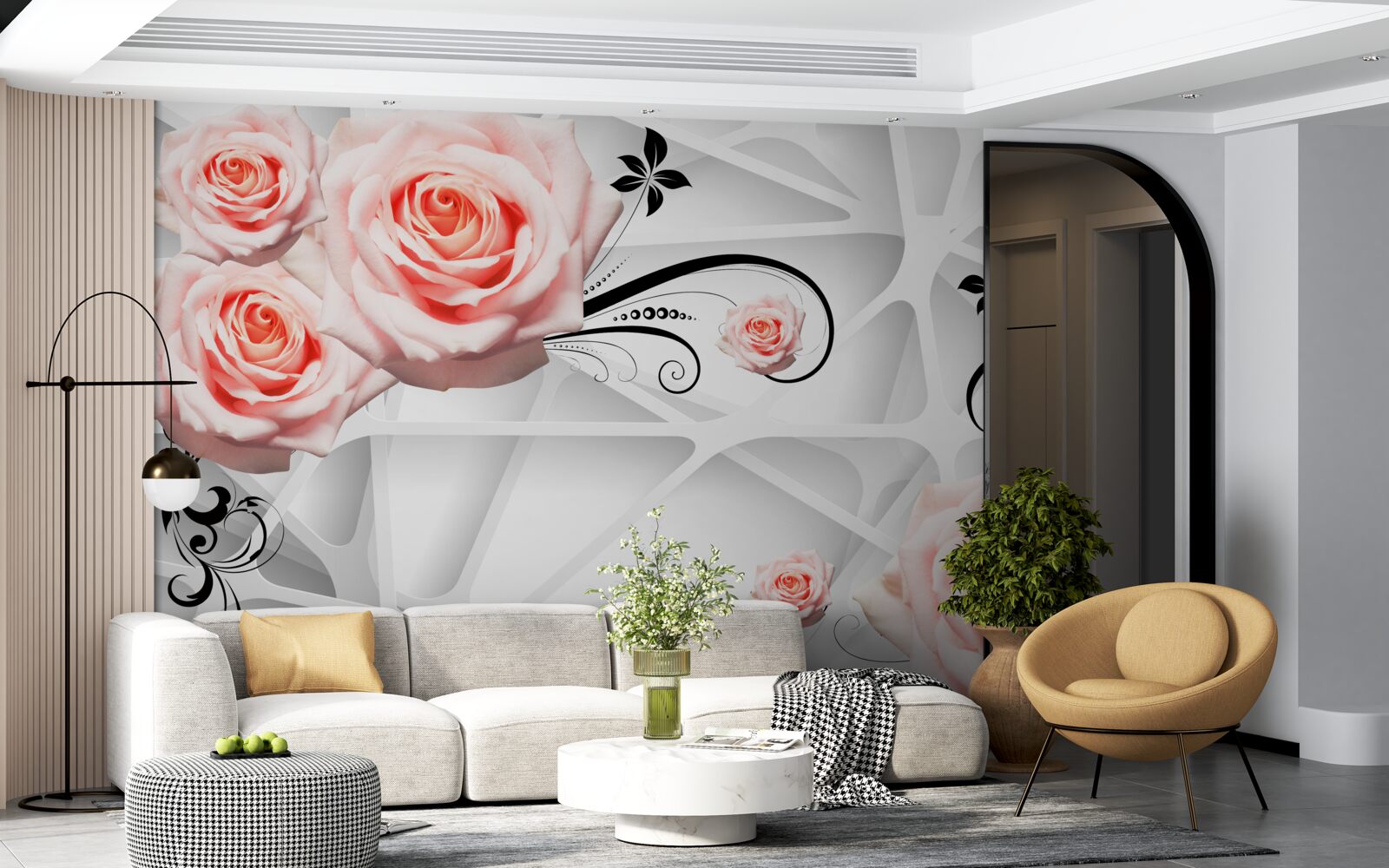 Fototapeten Geometrischer Hintergrund mit Pfirsichzweigen von Rosen dekoriert