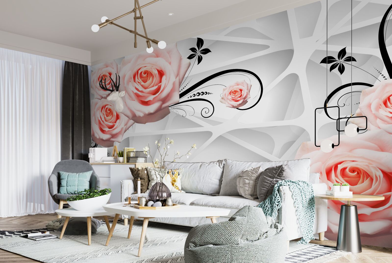 Fototapeten Geometrischer Hintergrund mit Pfirsichzweigen von Rosen dekoriert