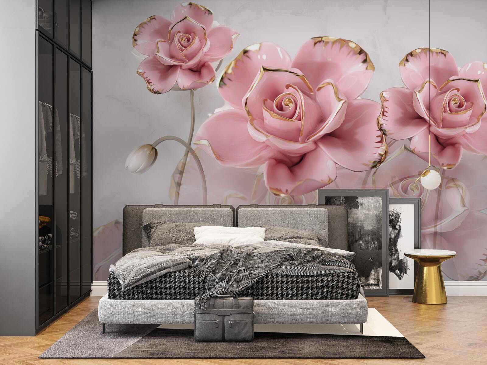 Fototapeten Der zarte Hintergrund ist mit rosa Rosen dekoriert