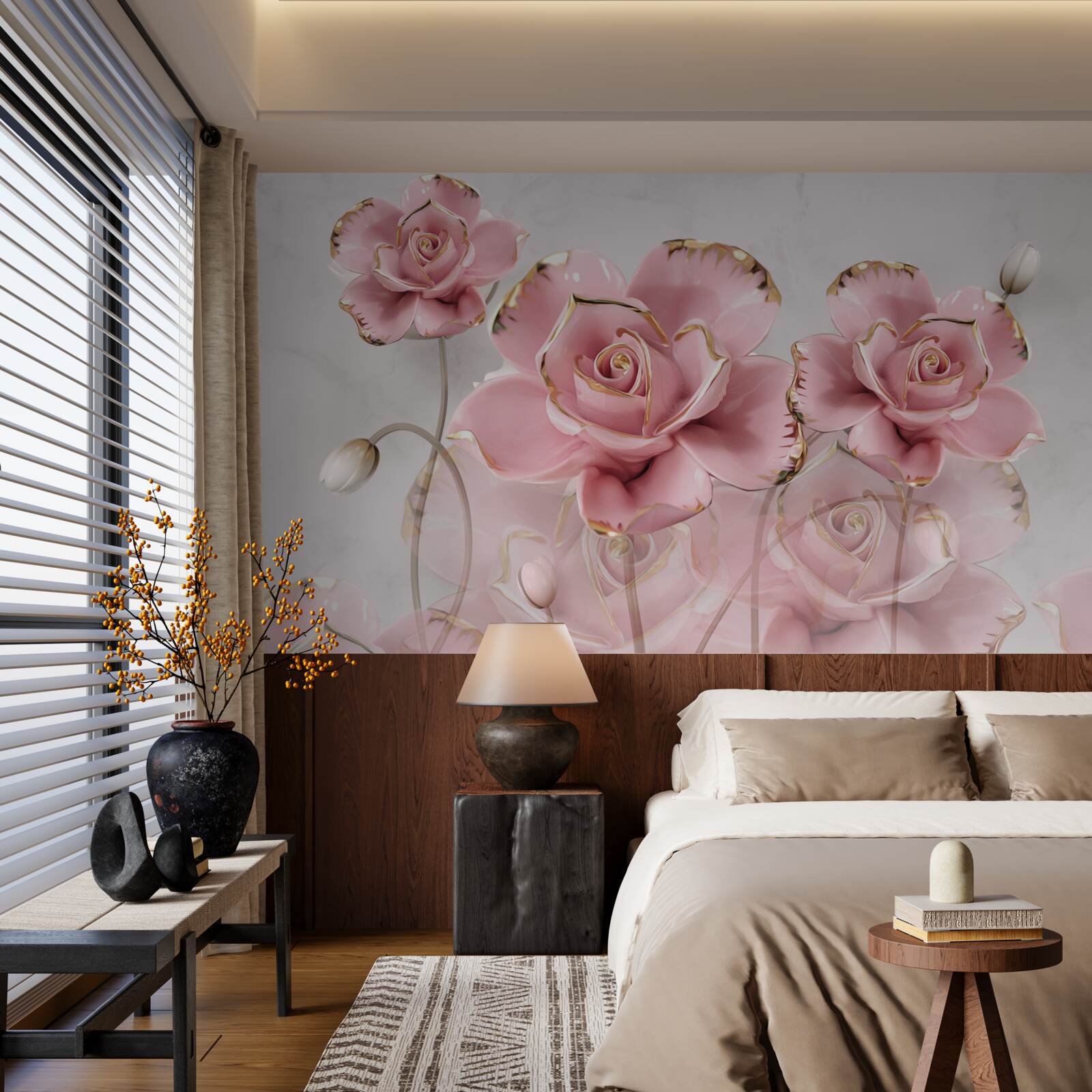 Fototapeten Der zarte Hintergrund ist mit rosa Rosen dekoriert