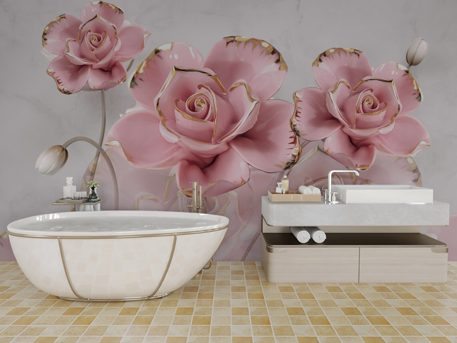 Fototapeten Der zarte Hintergrund ist mit rosa Rosen dekoriert
