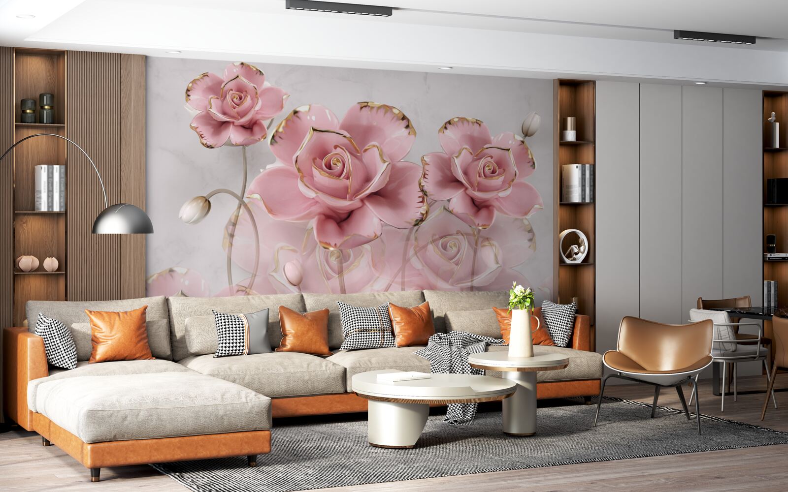 Fototapeten Der zarte Hintergrund ist mit rosa Rosen dekoriert
