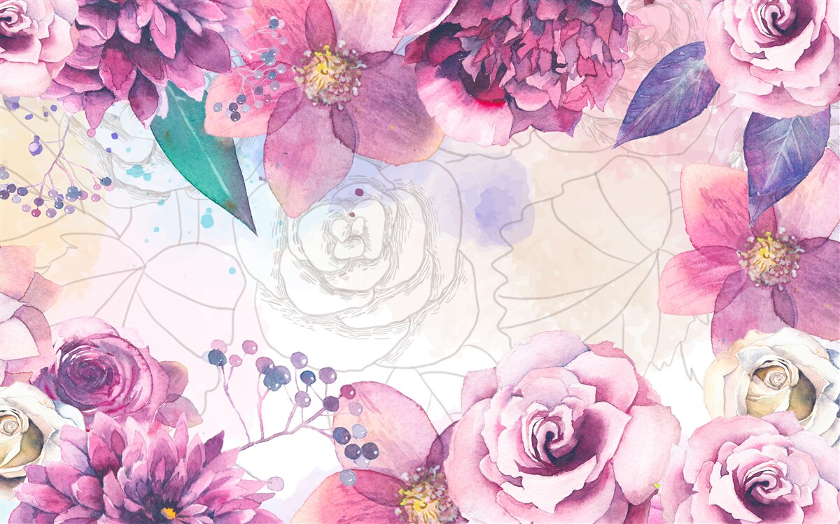 Fototapeten Aquarellhintergrund mit Blüten in Fliederschatten