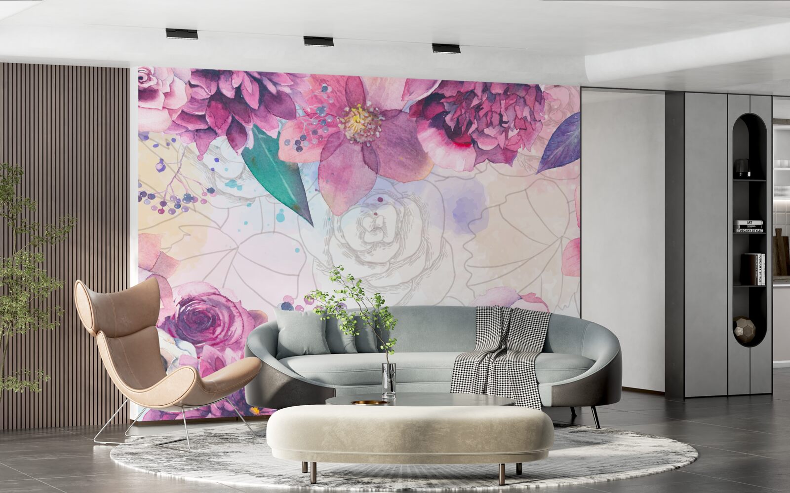 Fototapeten Aquarellhintergrund mit Blüten in Fliederschatten