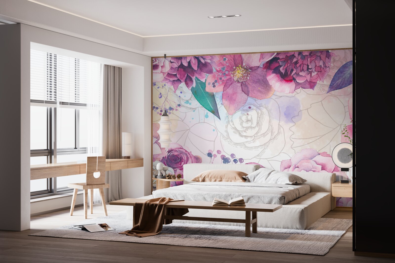 Fototapeten Aquarellhintergrund mit Blüten in Fliederschatten