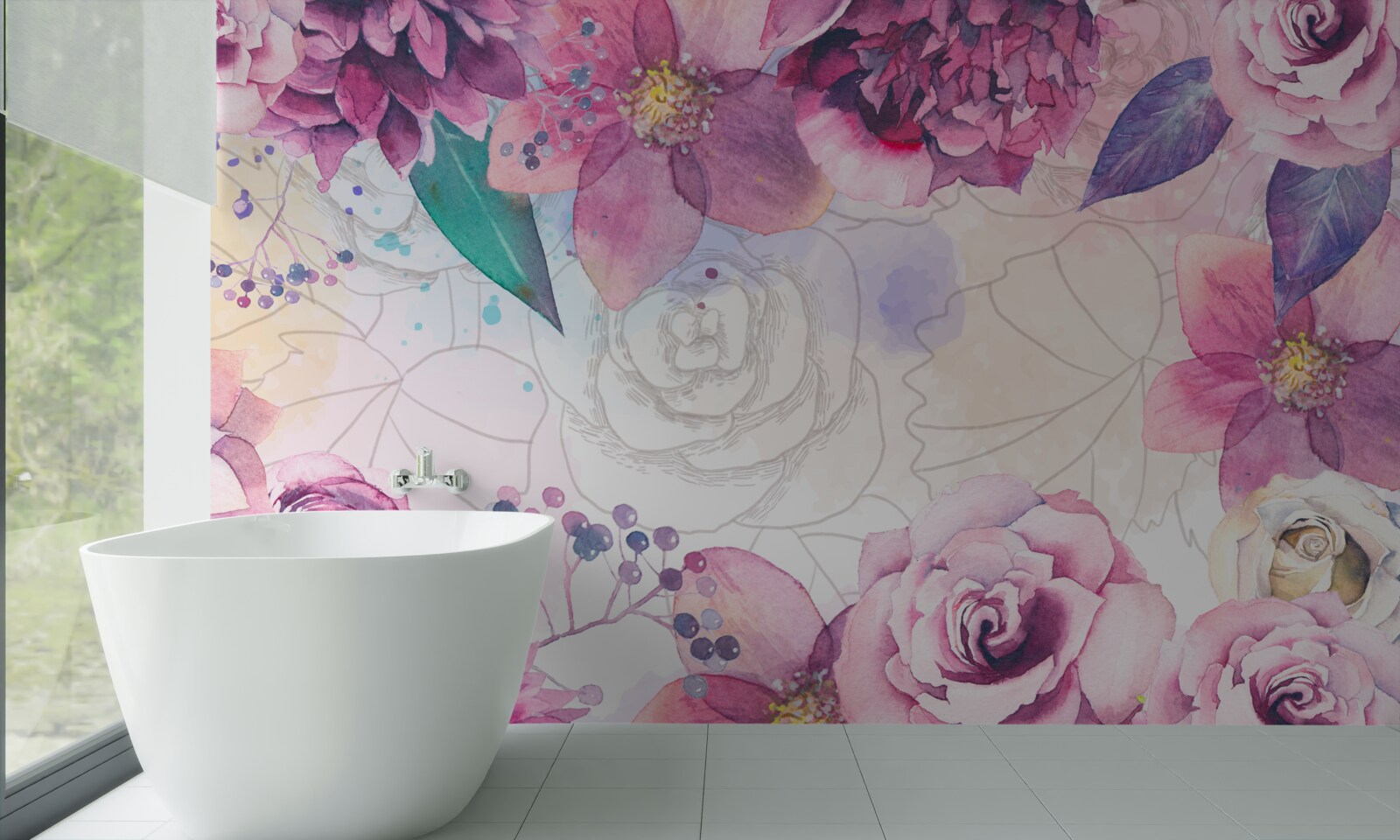 Fototapeten Aquarellhintergrund mit Blüten in Fliederschatten