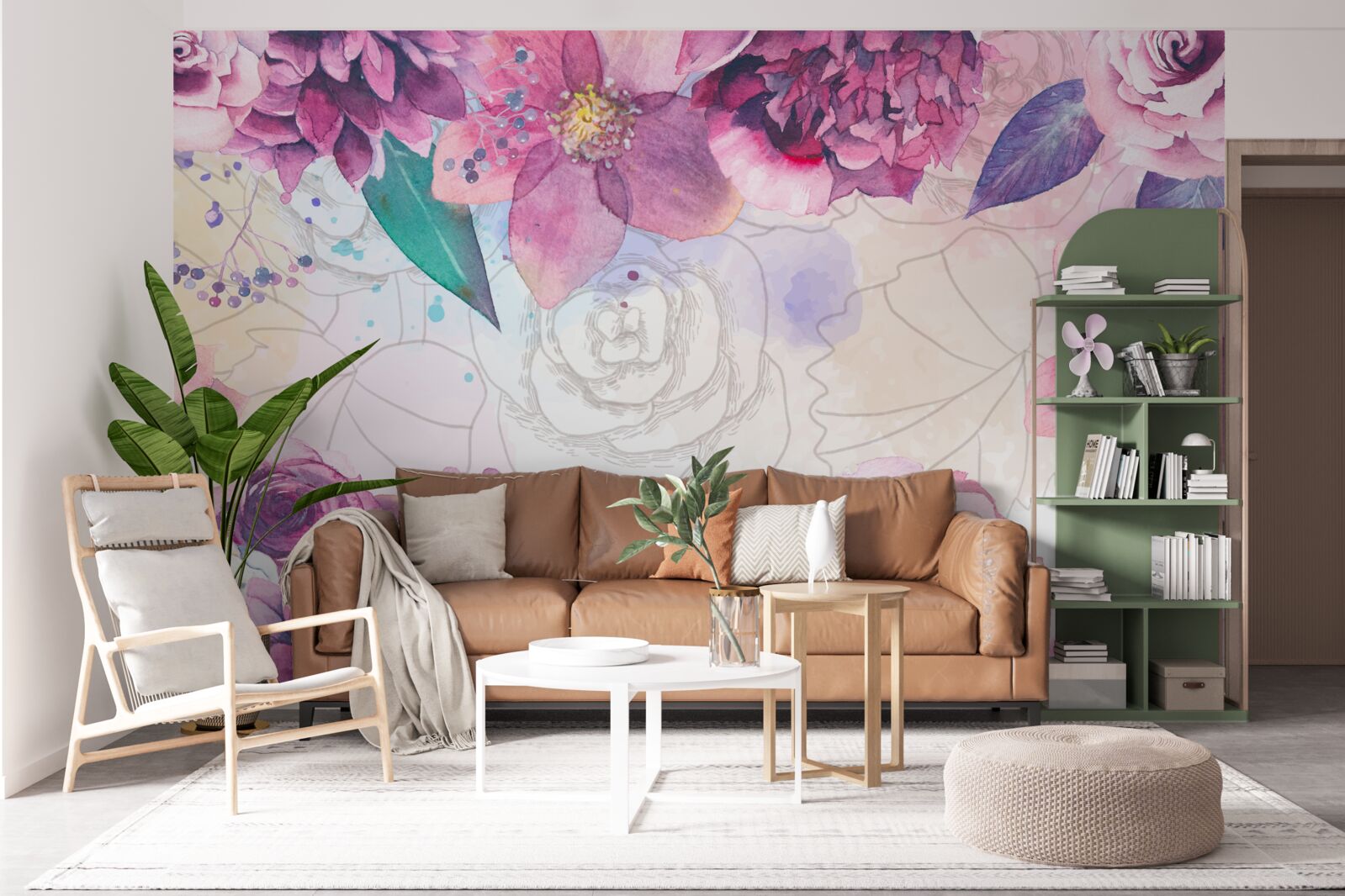 Fototapeten Aquarellhintergrund mit Blüten in Fliederschatten