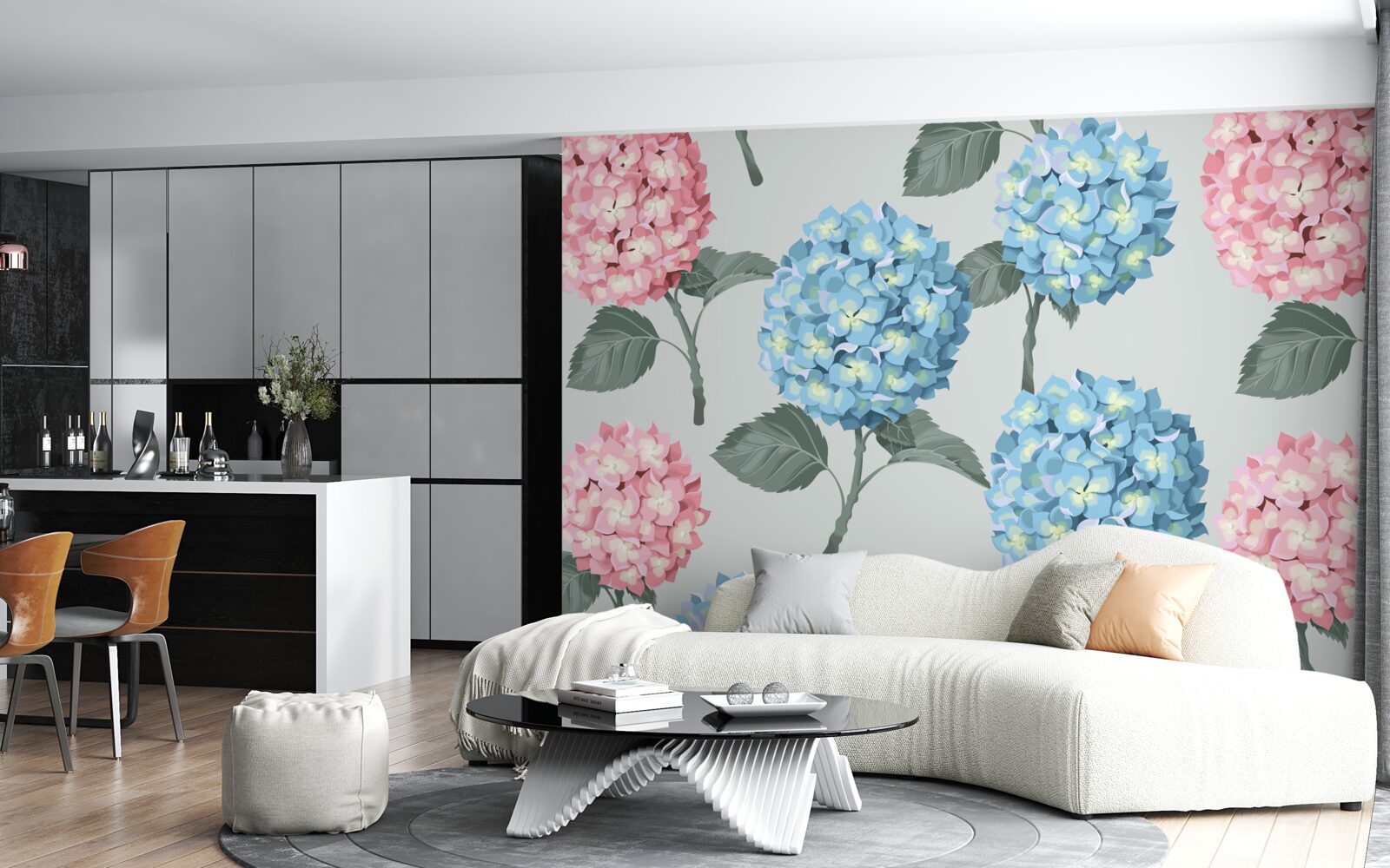 Fototapeten Rosa und blaue Hortensien