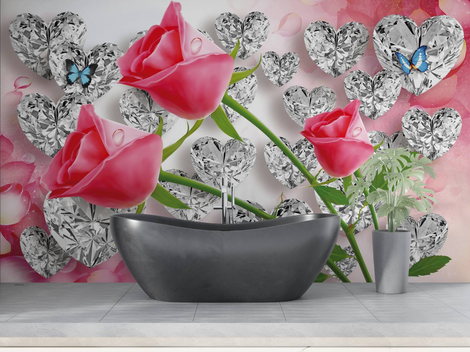 Fototapeten Diamanten und rote Rosen