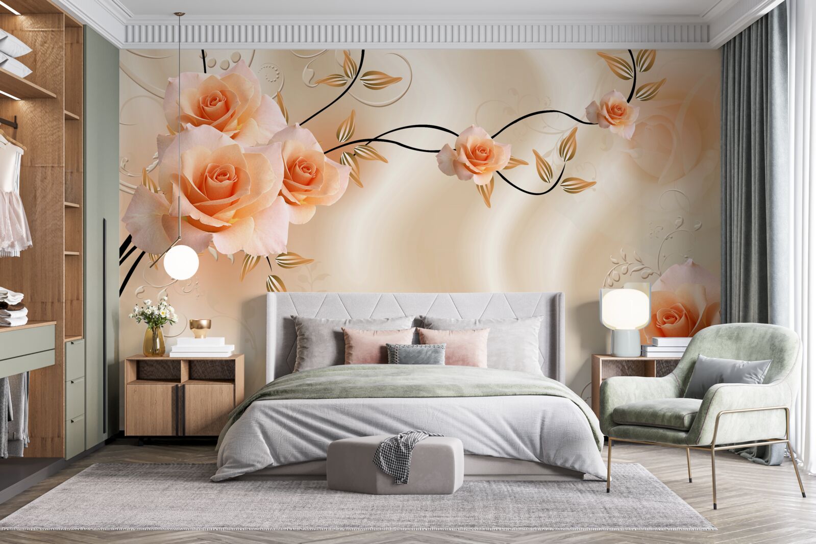 Fototapeten Pfirsich Rose auf Zweigen und Seide