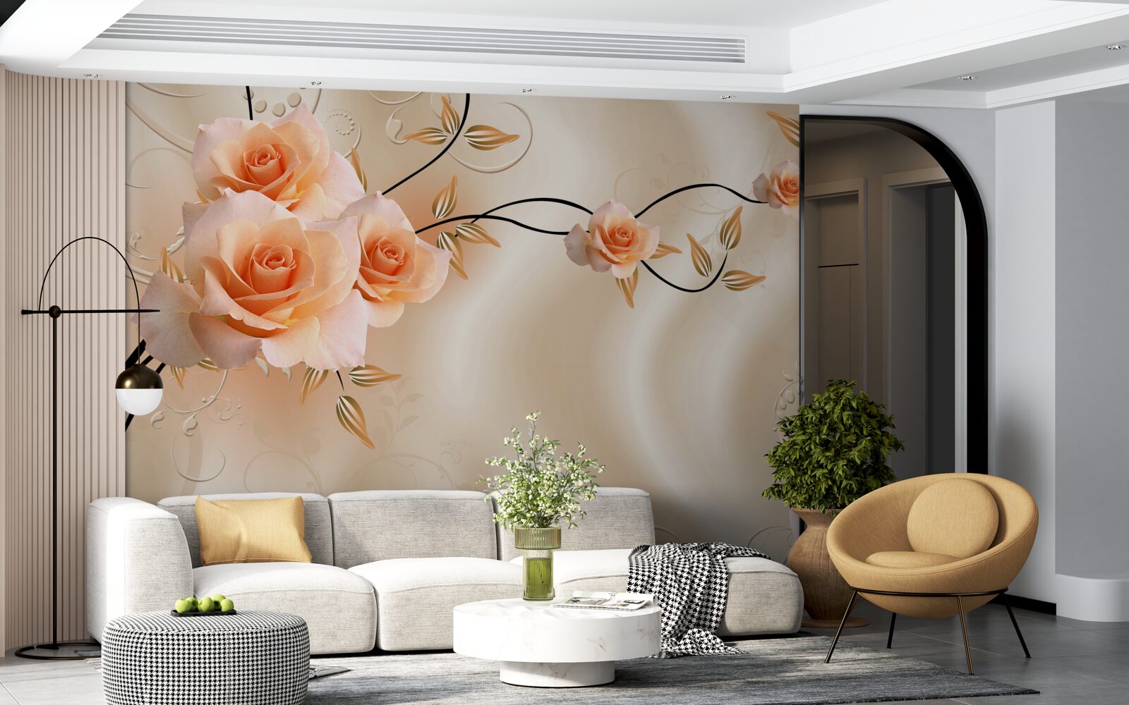Fototapeten Pfirsich Rose auf Zweigen und Seide