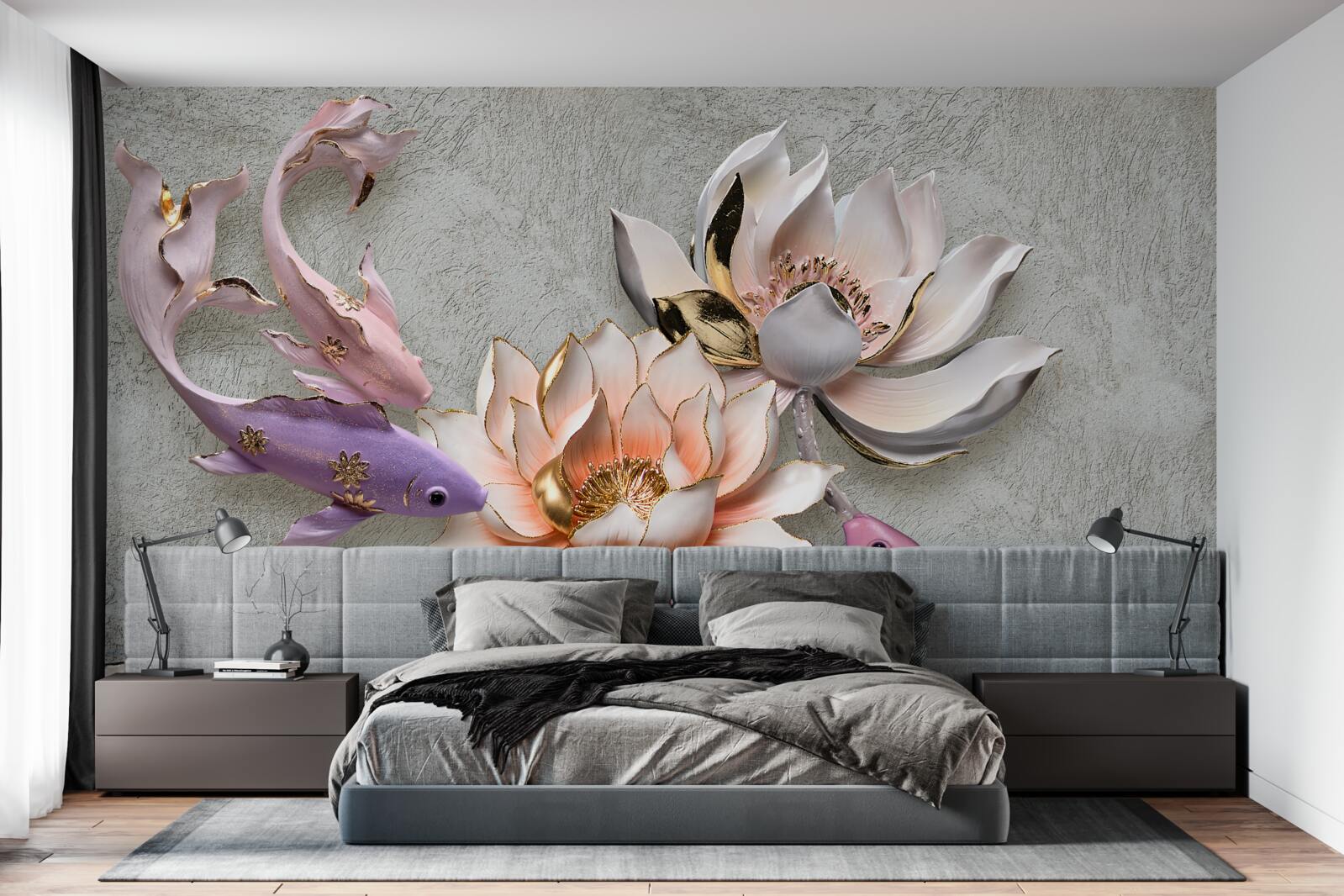 Fototapeten Blumen in der Nähe des Sees, wo Schwäne schwimmen