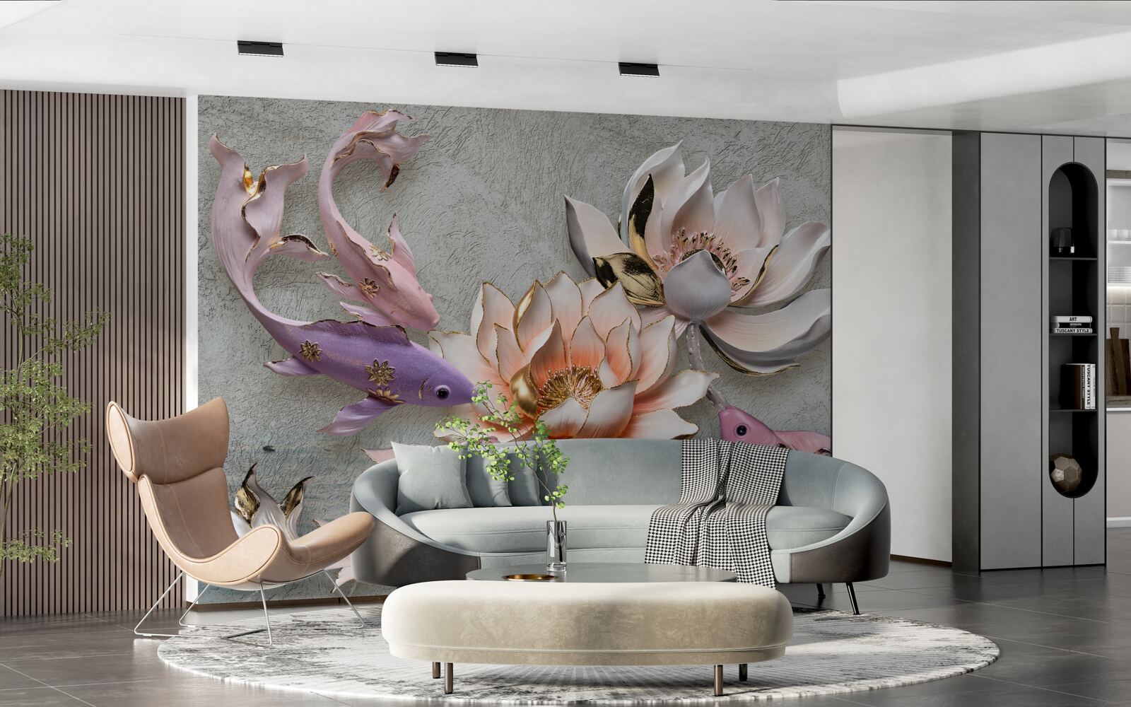 Fototapeten Blumen in der Nähe des Sees, wo Schwäne schwimmen