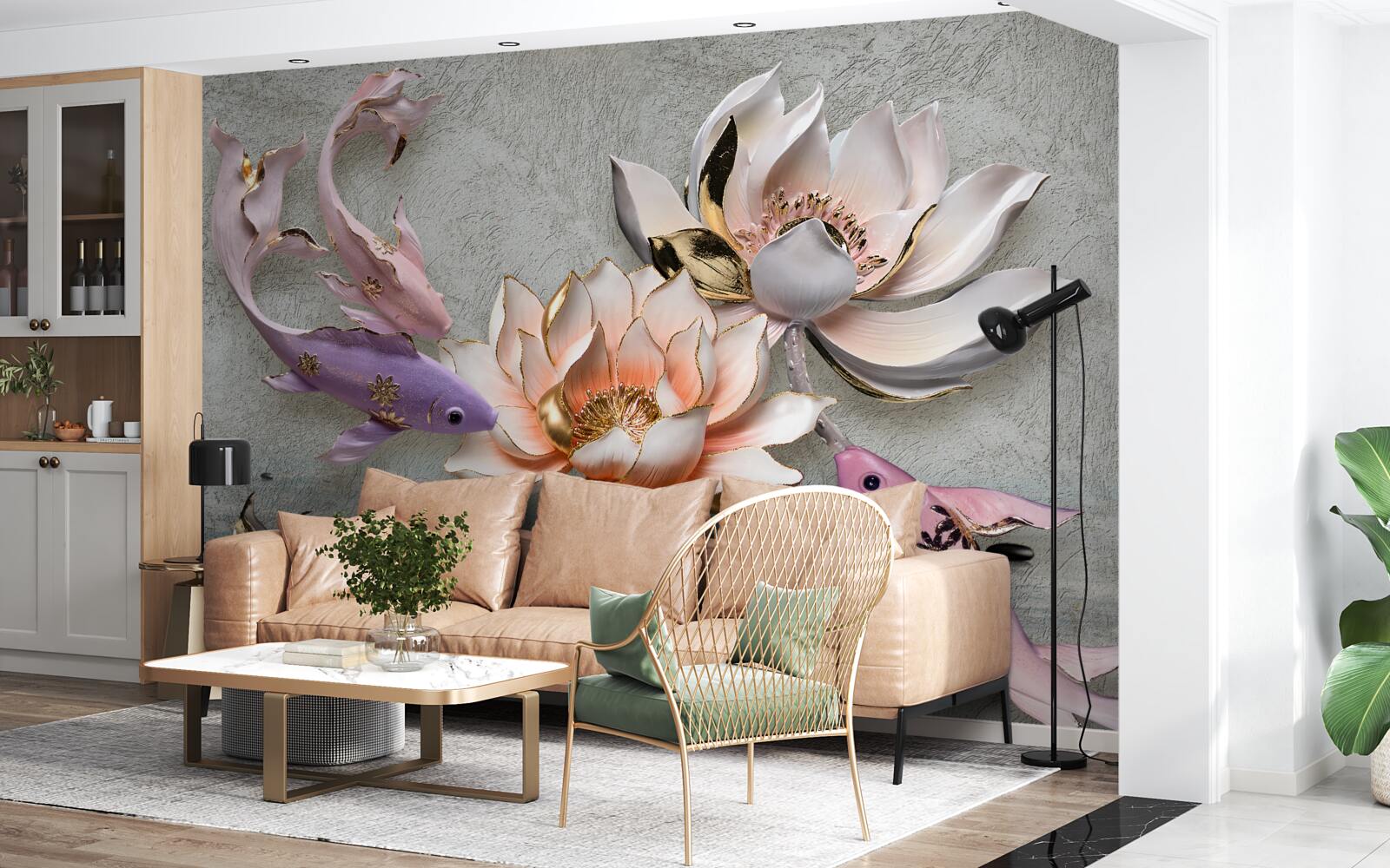 Fototapeten Blumen in der Nähe des Sees, wo Schwäne schwimmen