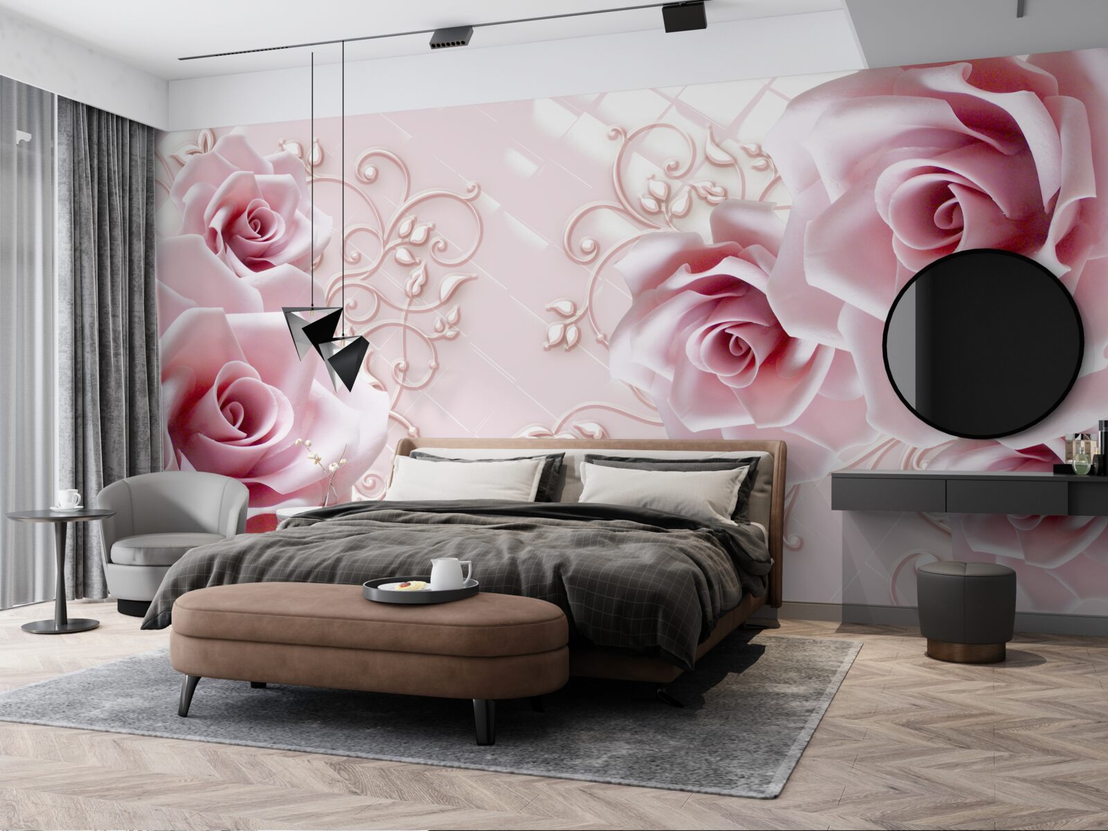 Fototapeten rosa Rosen auf einem zarten rosa Hintergrund