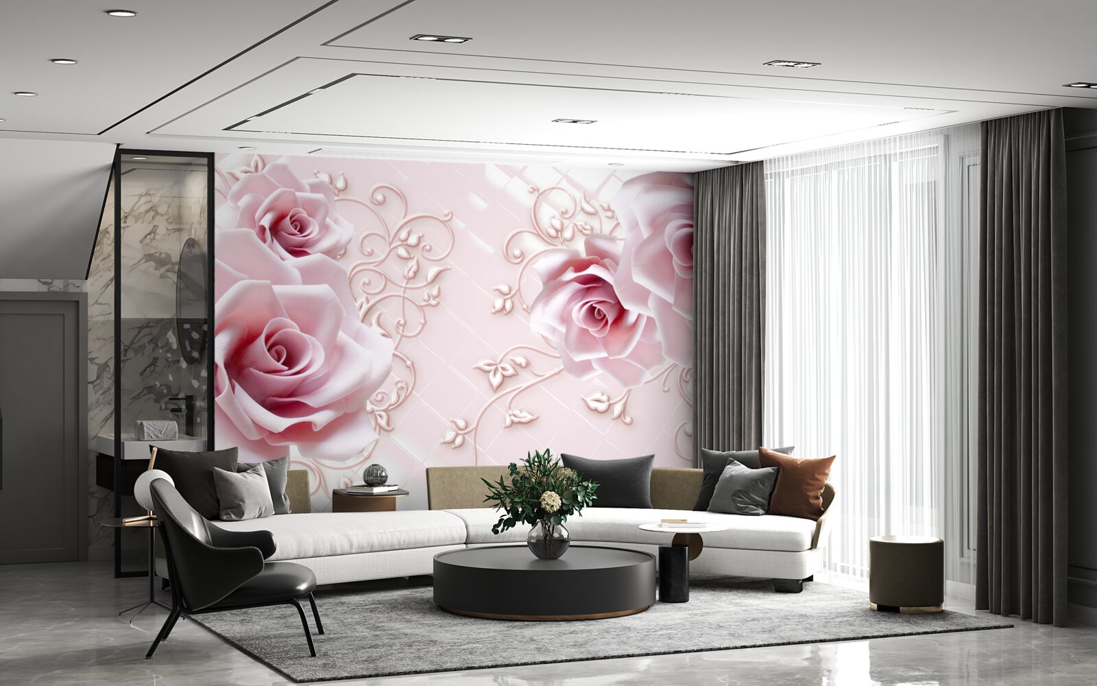 Fototapeten rosa Rosen auf einem zarten rosa Hintergrund