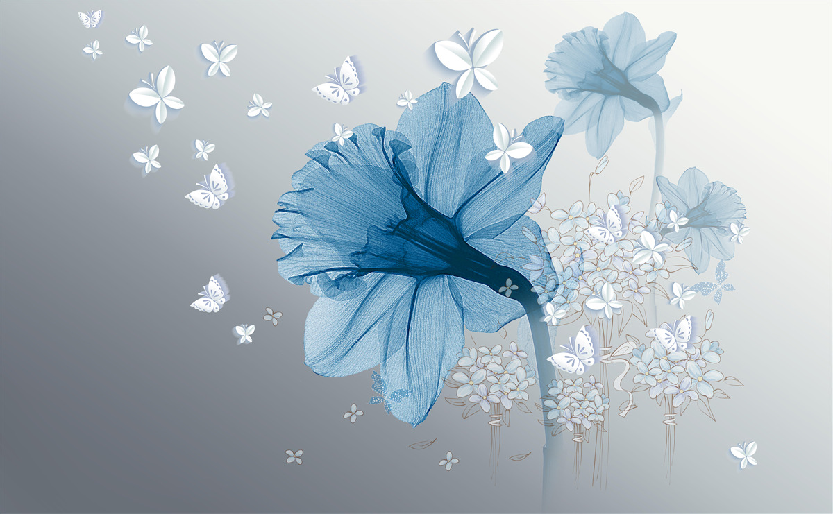 Fototapeten Blaue Blumen sind von weißen Schmetterlingen umgeben