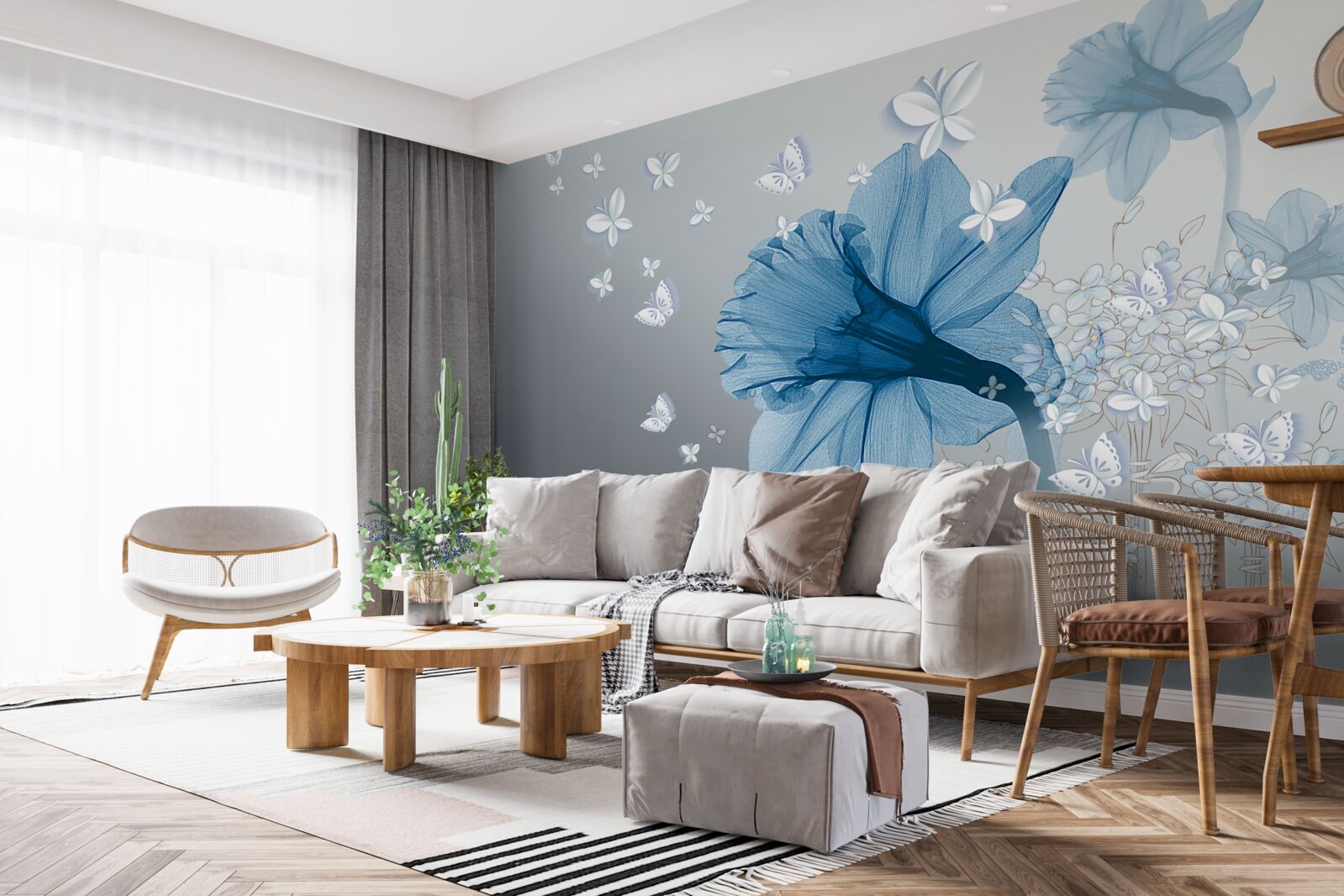 Fototapeten Blaue Blumen sind von weißen Schmetterlingen umgeben