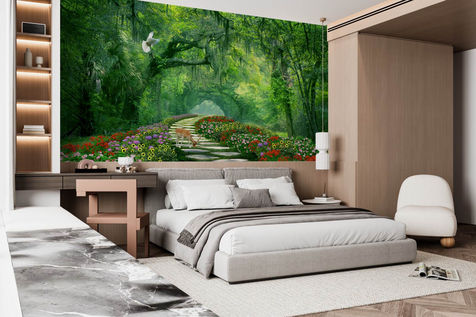 Fototapeten Buntes tropischer Weg bedeckt mit Blumen, die durch den Wald führen