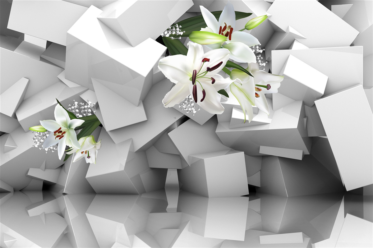 Fototapeten Geometrischer Hintergrund, der mit Knospen der weißen Lilie verziert ist
