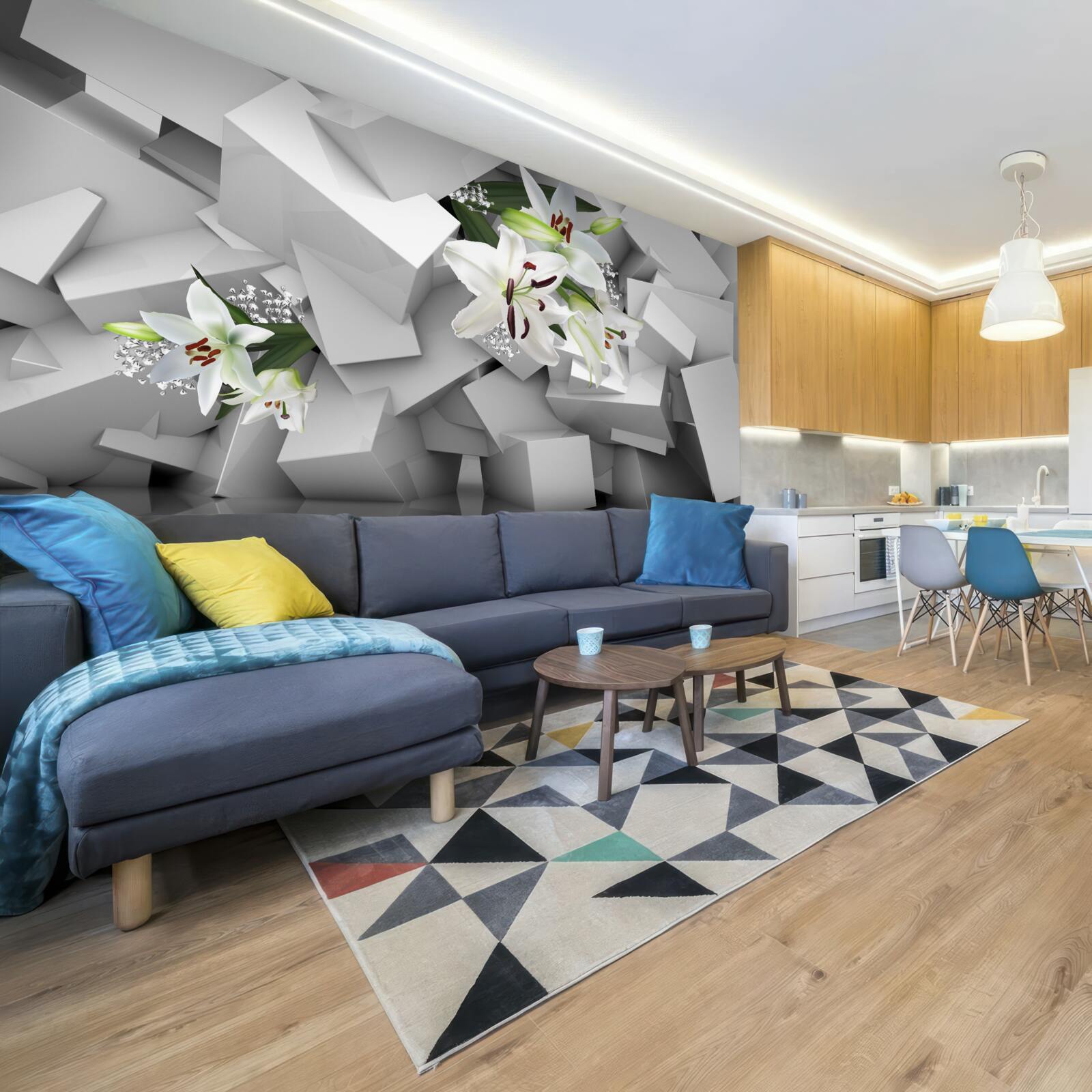 Fototapeten Geometrischer Hintergrund, der mit Knospen der weißen Lilie verziert ist