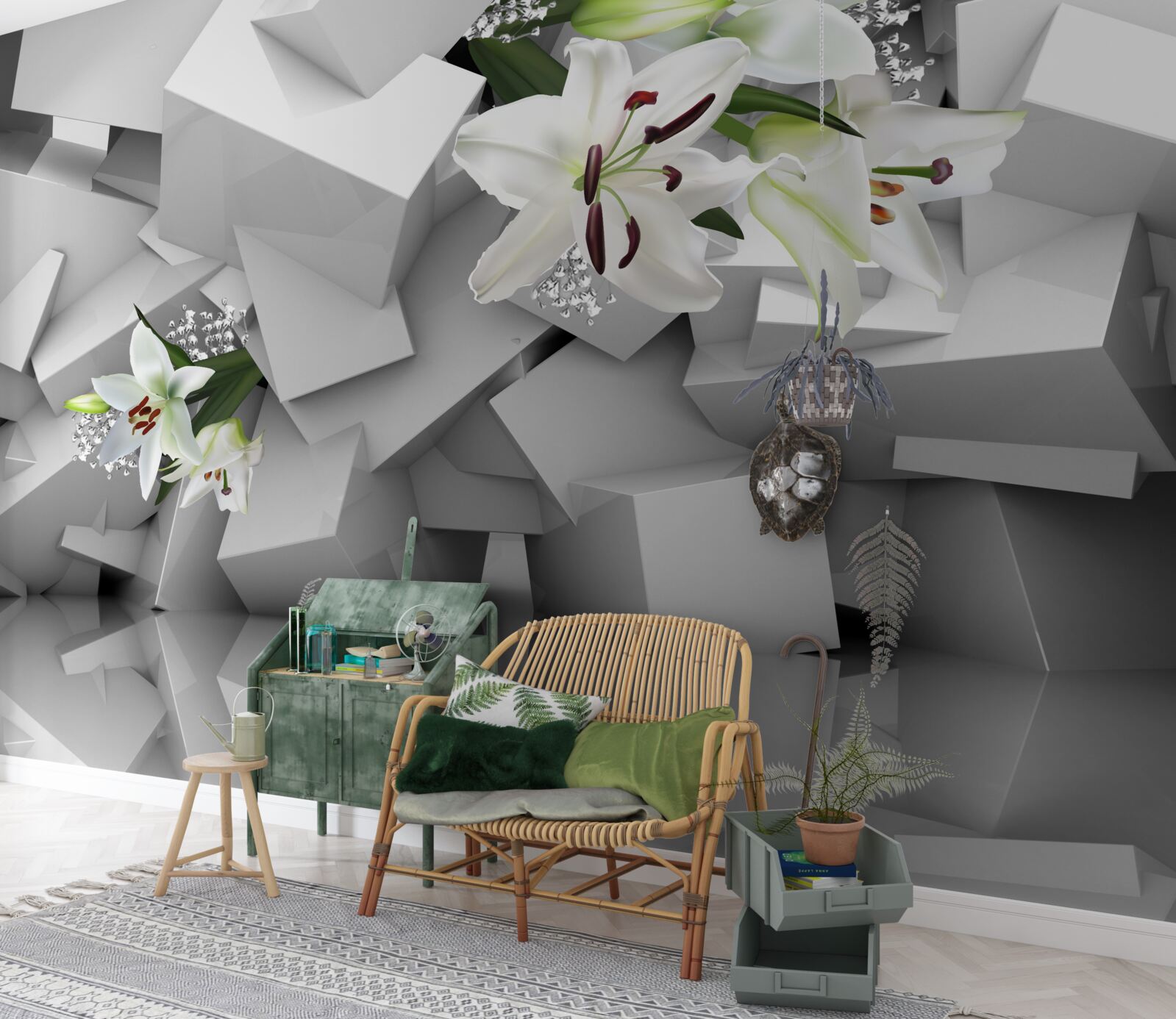Fototapeten Geometrischer Hintergrund, der mit Knospen der weißen Lilie verziert ist