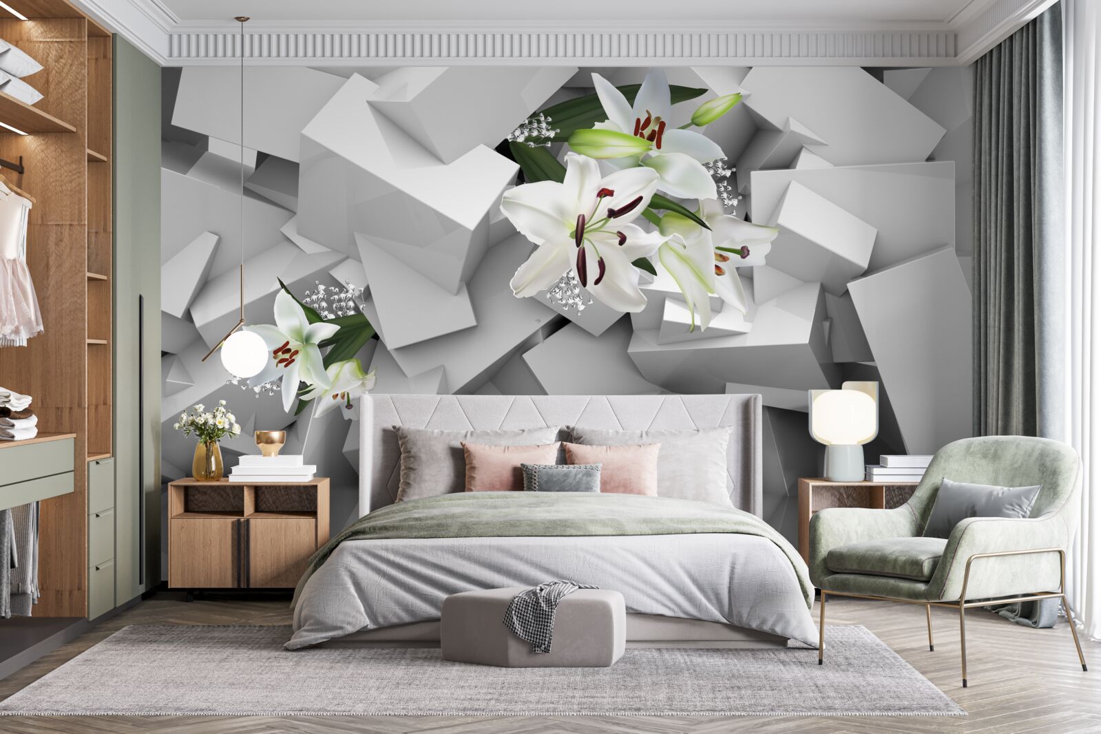 Fototapeten Geometrischer Hintergrund, der mit Knospen der weißen Lilie verziert ist