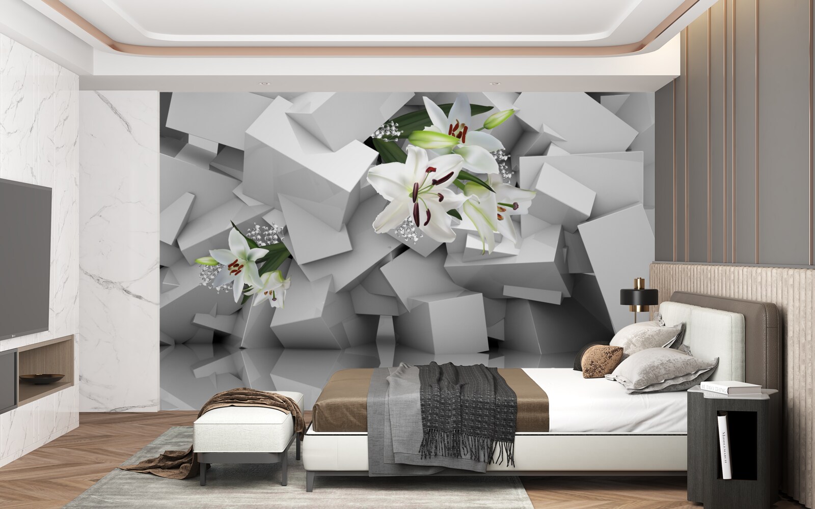 Fototapeten Geometrischer Hintergrund, der mit Knospen der weißen Lilie verziert ist