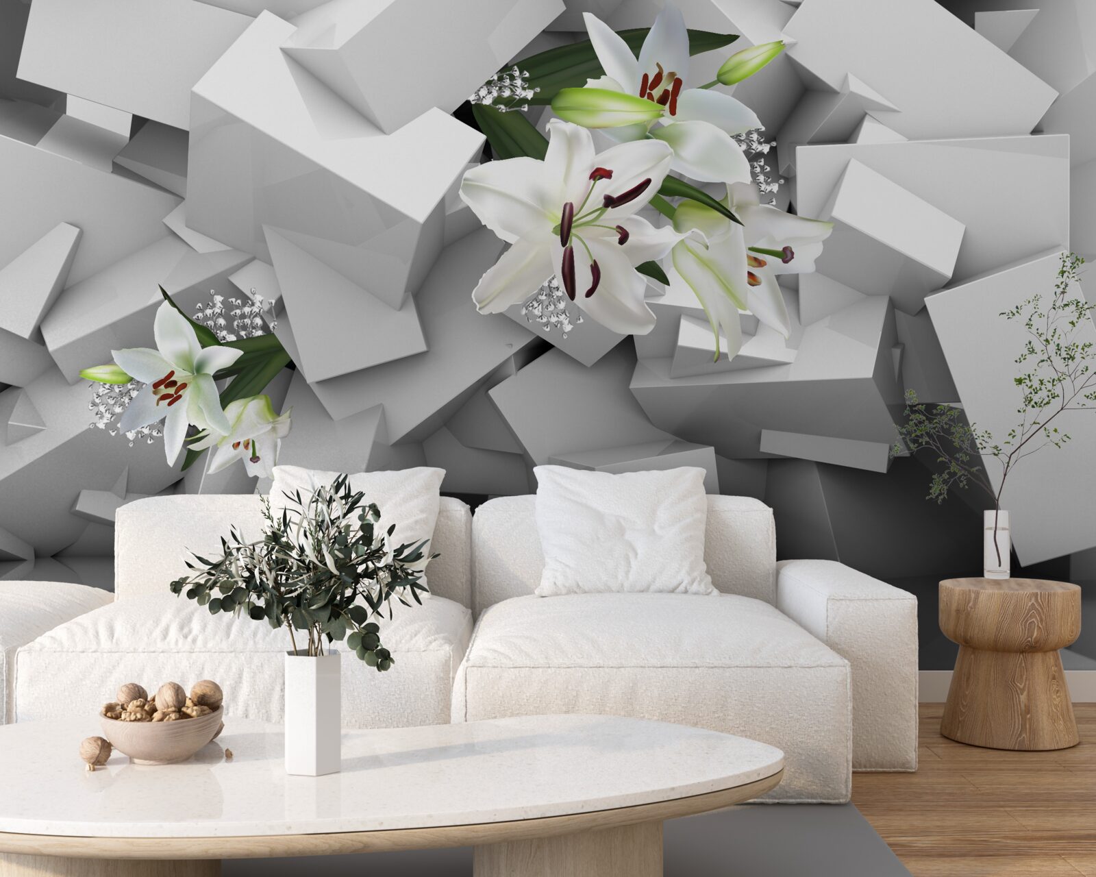 Fototapeten Geometrischer Hintergrund, der mit Knospen der weißen Lilie verziert ist