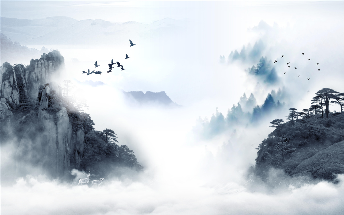 Fototapeten Aus Angst vor kaltem Nebel stiegen Vögel in die Höhen