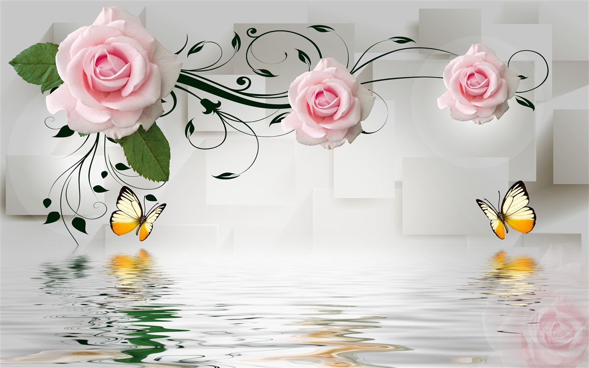 Fototapeten Braune Schmetterlinge und rosa Rosen über der Wasseroberfläche