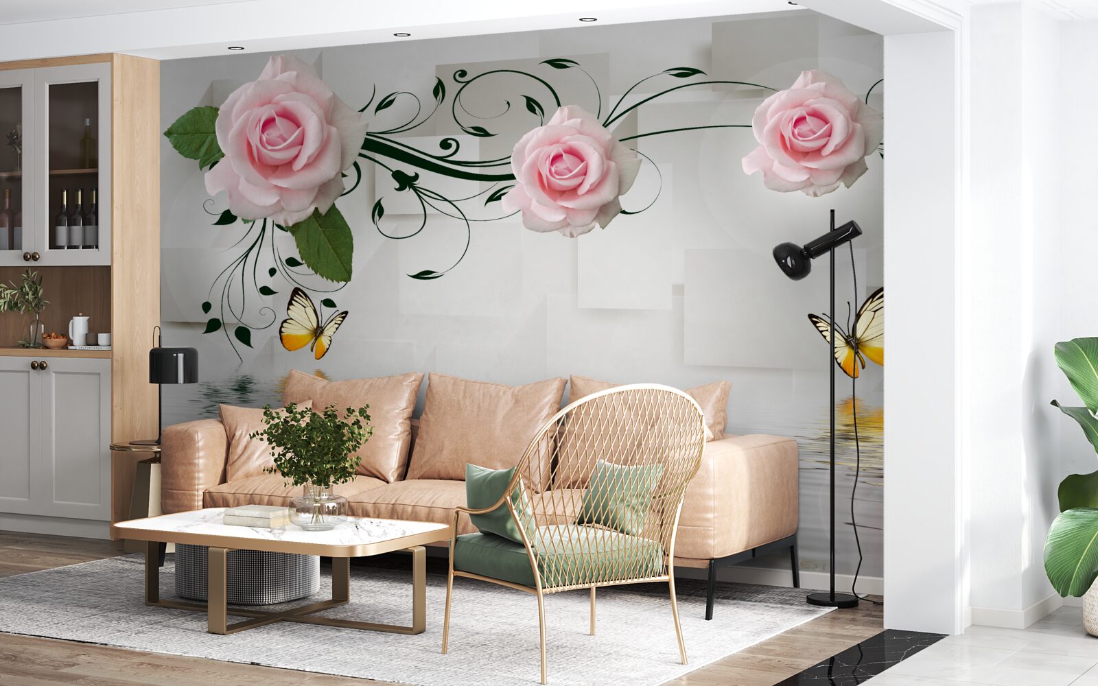 Fototapeten Braune Schmetterlinge und rosa Rosen über der Wasseroberfläche